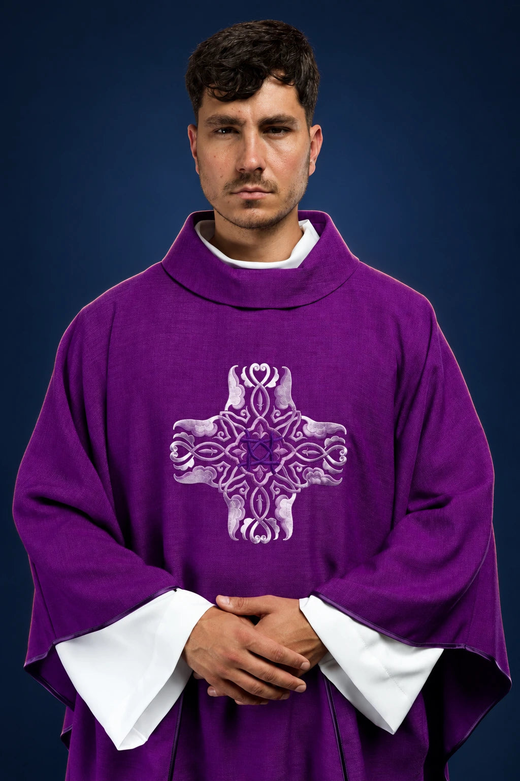 Purple Chasuble with Cross Embroidery worn from the front