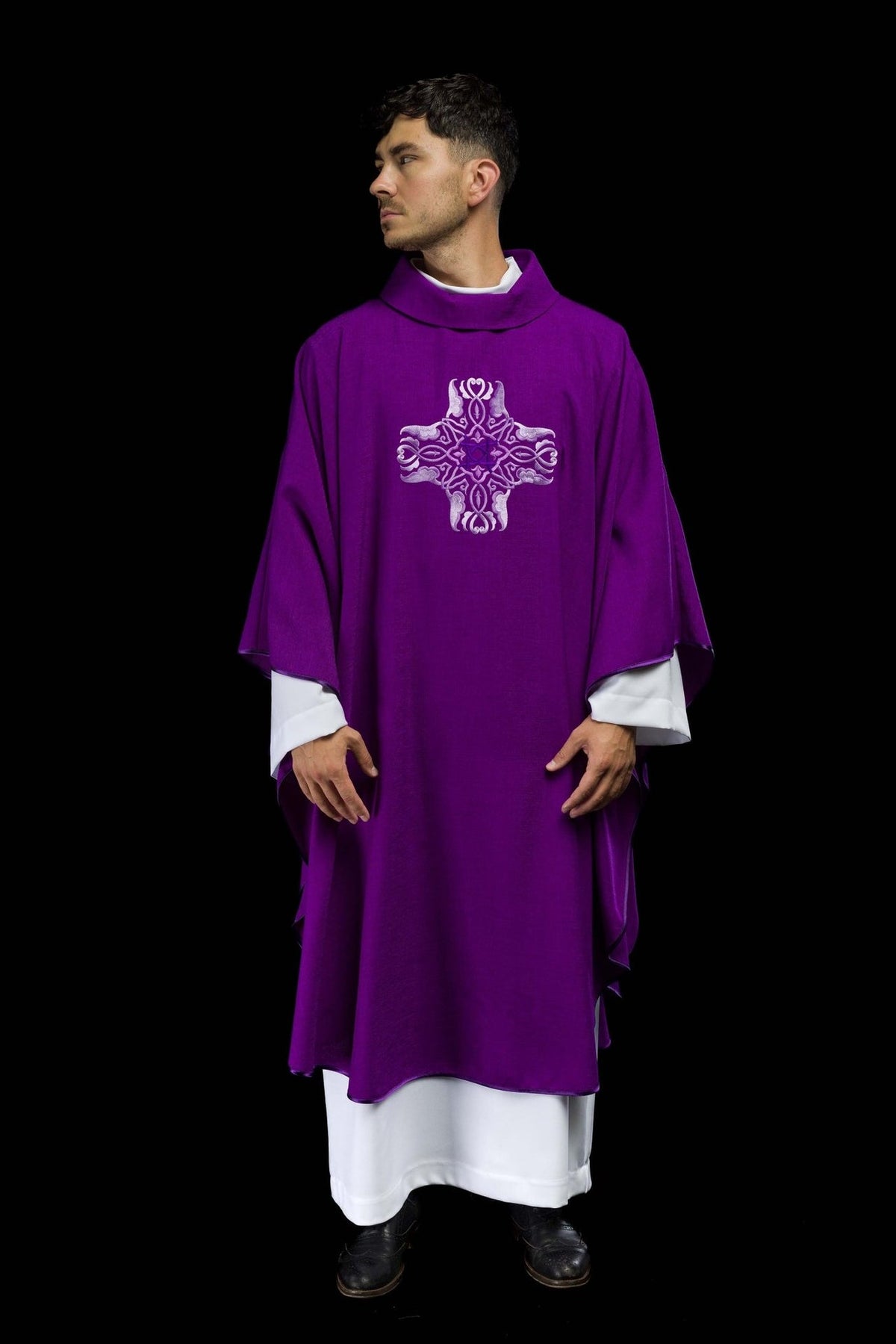 Purple chasuble front view with cross embroidery
