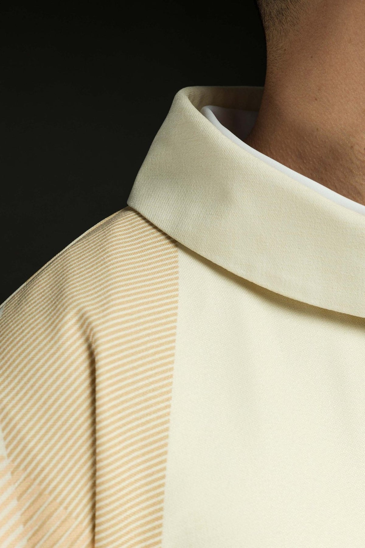 Ecru chasuble close-up of stand-up collar and striped trim