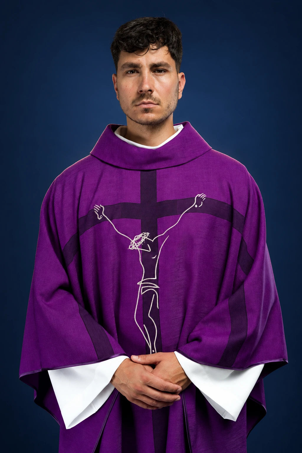 Purple Chasuble with Jesus on the Cross Motif, front view with purple fabric and cross embroidery