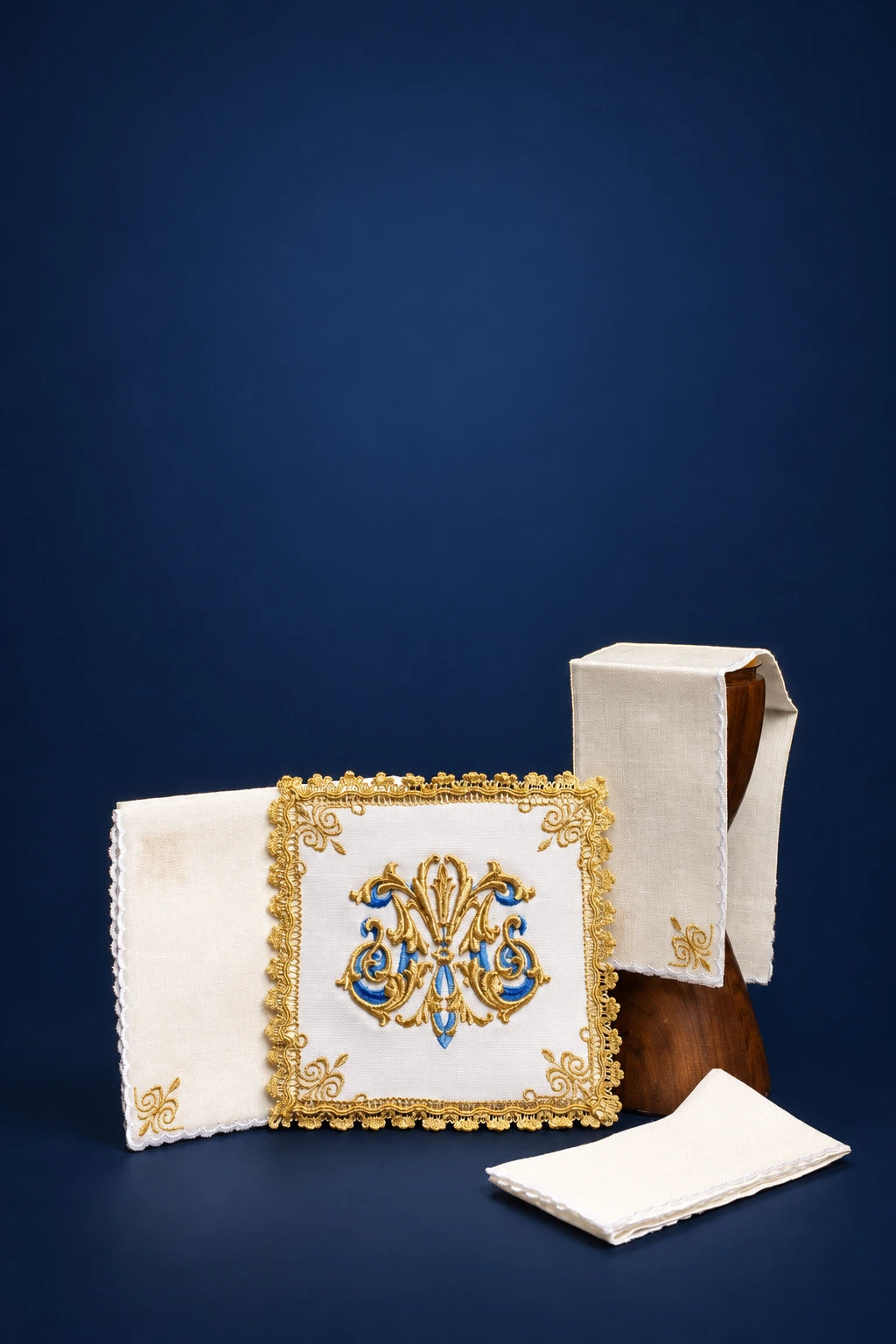 Embroidered Altar Linen Set with Gold Marian Symbol in Linen, white altar linen set with gold embroidery