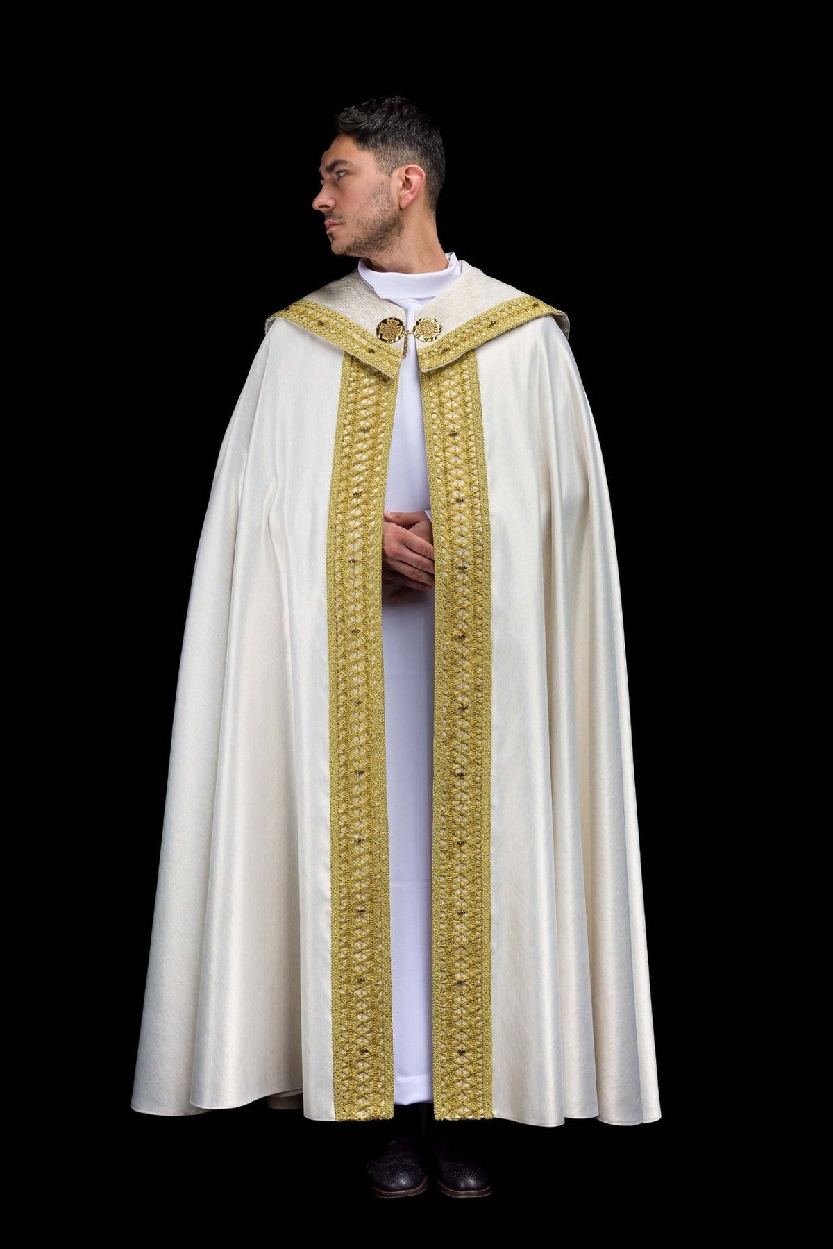 Handcrafted cope, front view in ecru with gold embroidery and natural stones