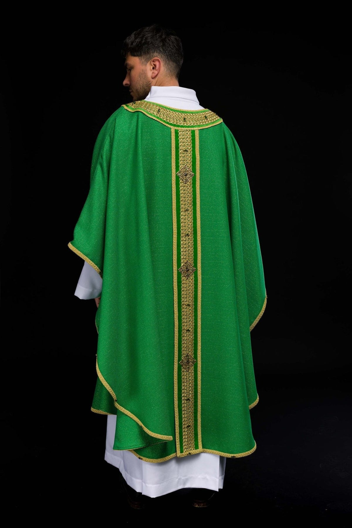 Green chasuble worn, back view with gold orphrey and embroidery