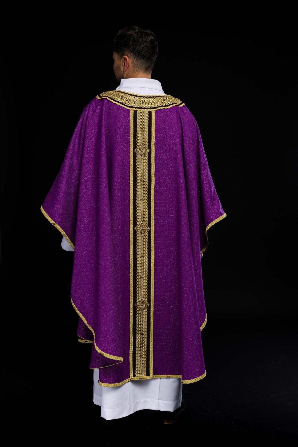 Handcrafted chasuble back view in purple with gold orphrey and gold embroidery