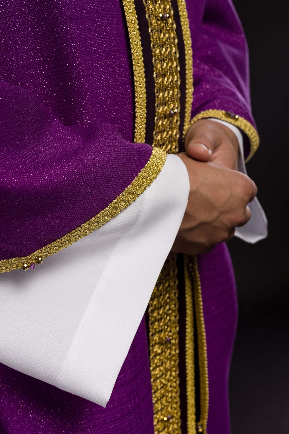 Purple chasuble upper front close-up with gold collar embroidery and central orphrey