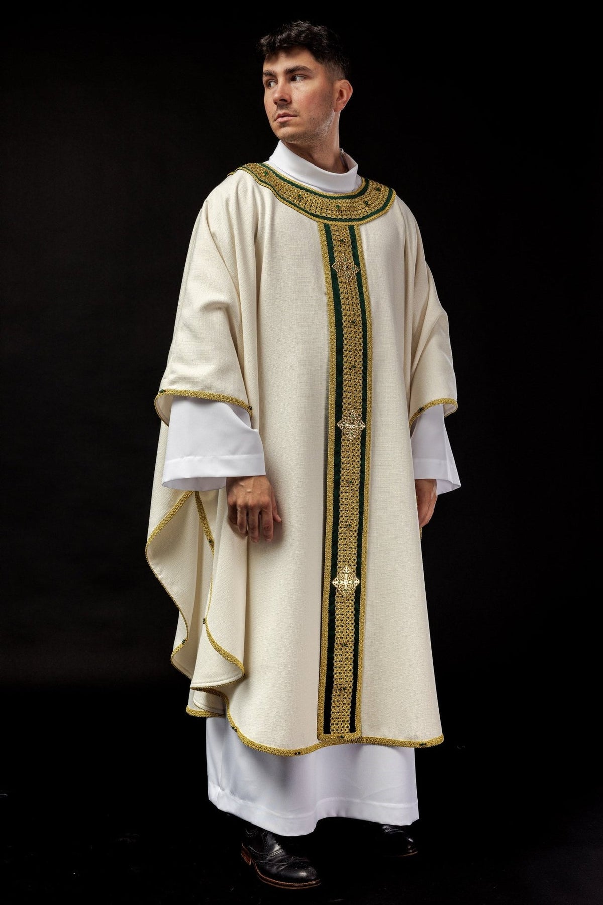 Chasuble in ivory with green and gold orphrey, full front view