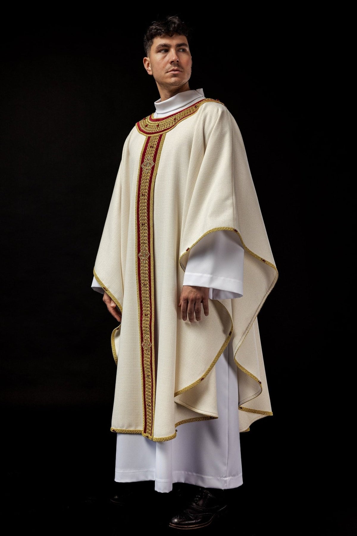 Handcrafted chasuble with stole, white with red and gold embroidery and orphrey