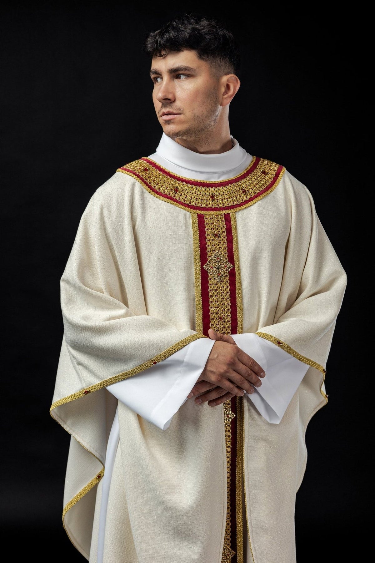 Front close-up of the chasuble collar and red and gold embroidery