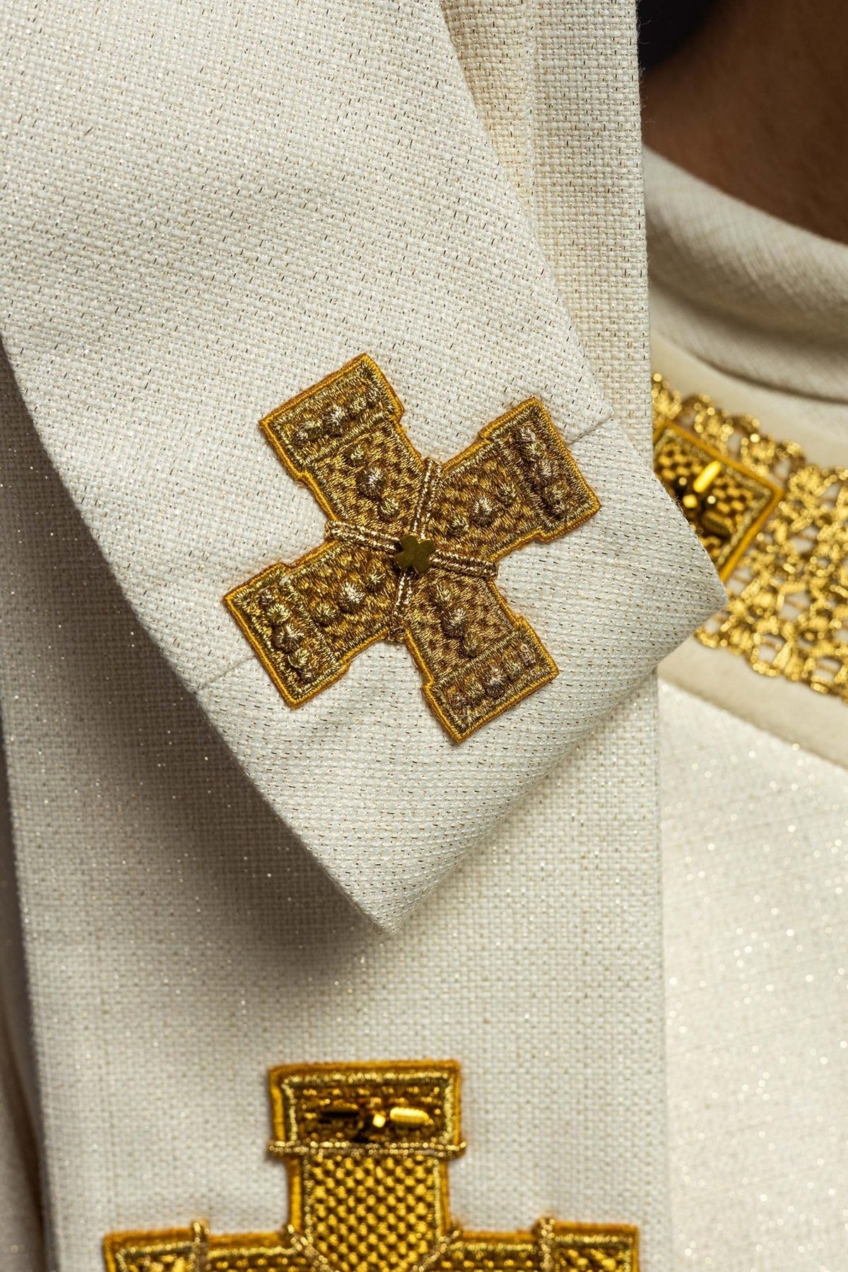 Handcrafted chasuble ecru fabric with gold cross embroidery detail