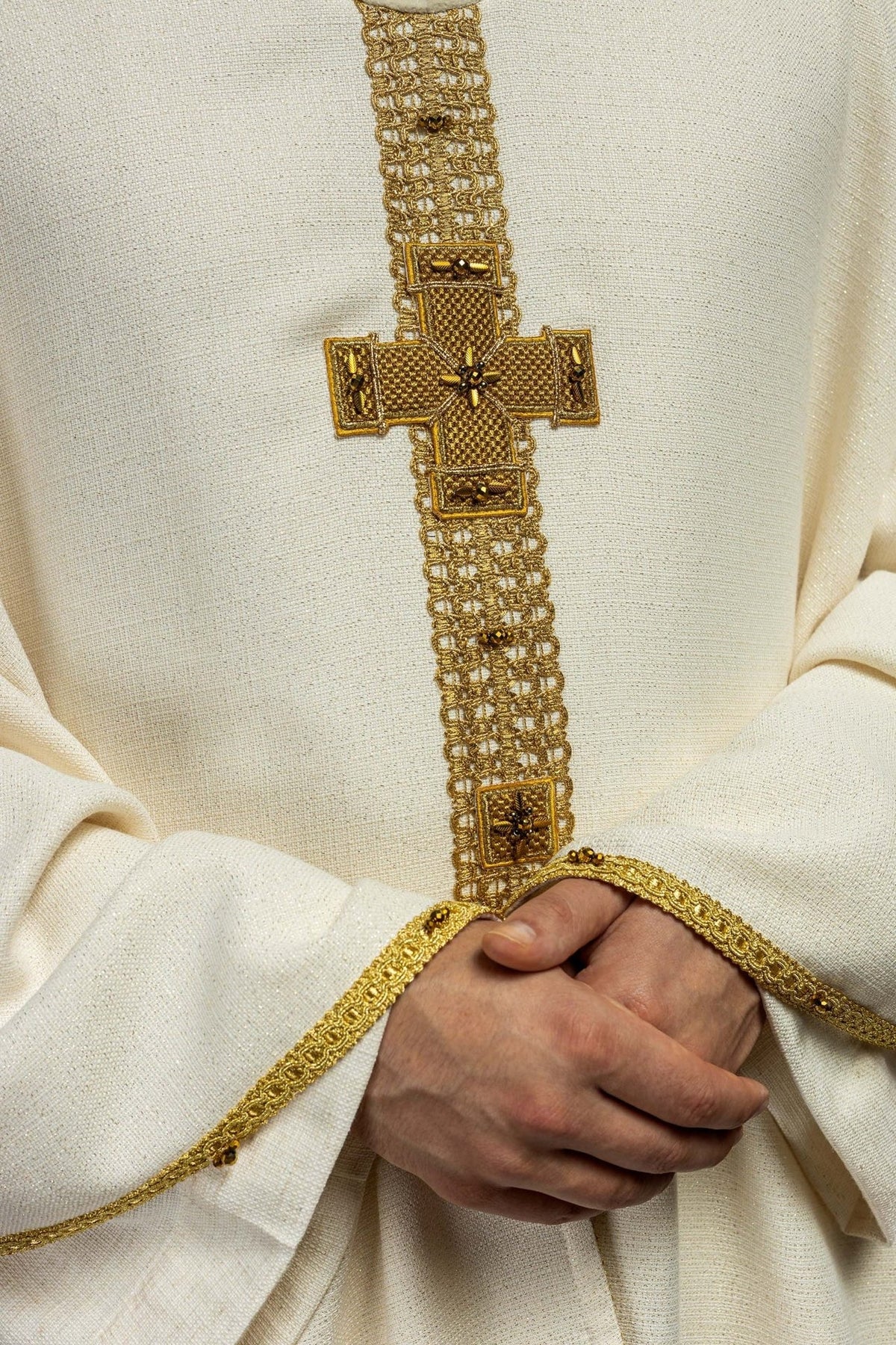 Ecru chasuble front cross and gold orphrey detail
