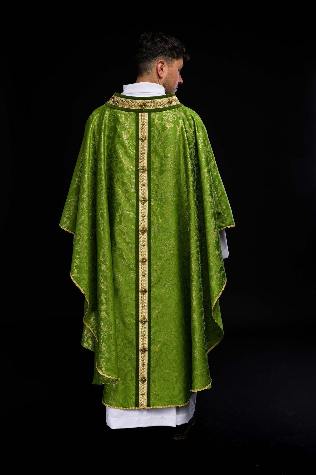 Handcrafted green chasuble, full back view with gold orphrey and natural stones