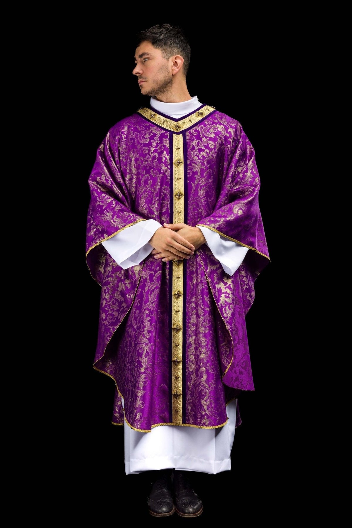 Purple chasuble full front view with gold orphrey, natural stones and gold edging