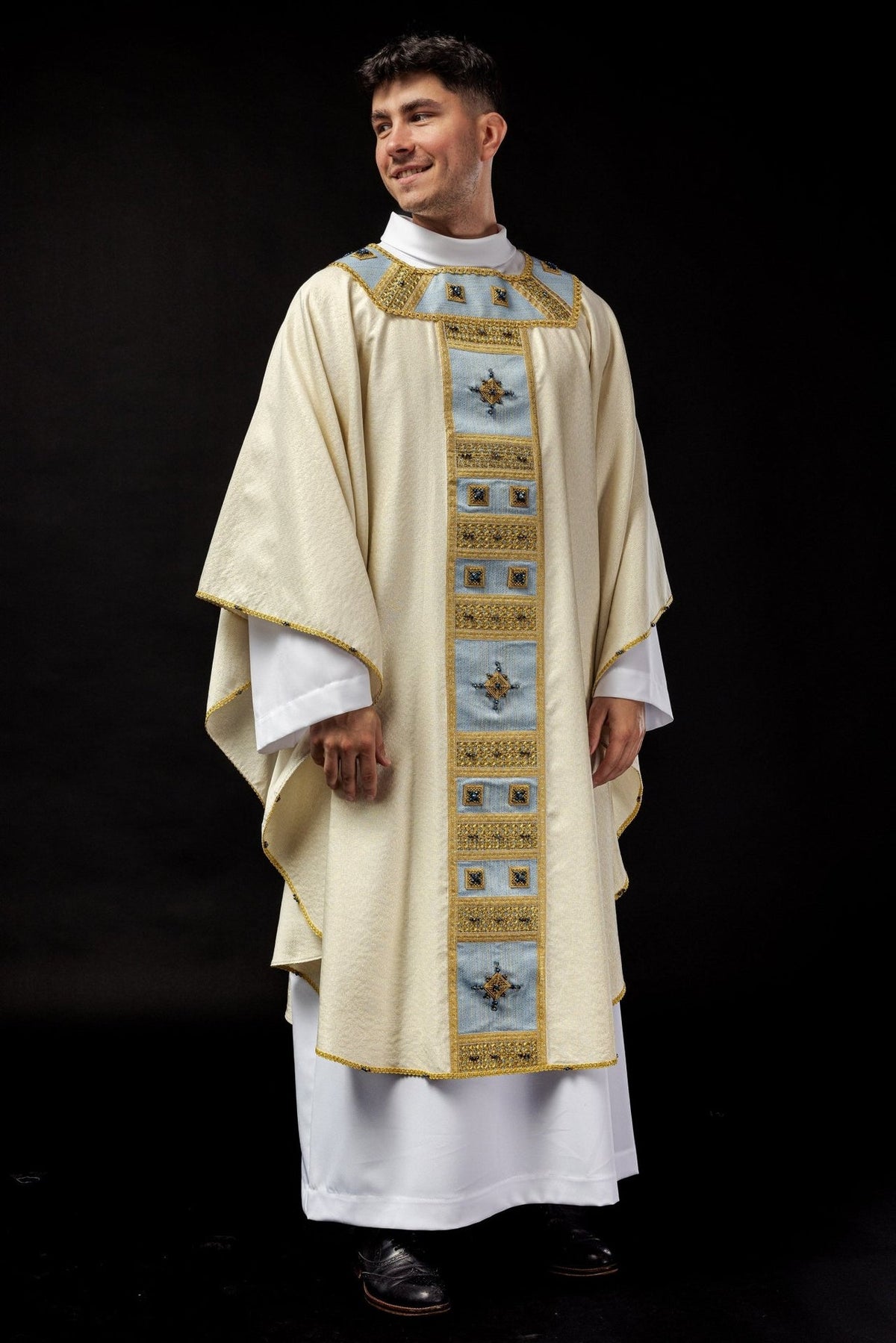 Marian chasuble, full front view with blue and gold orphrey and natural stone details