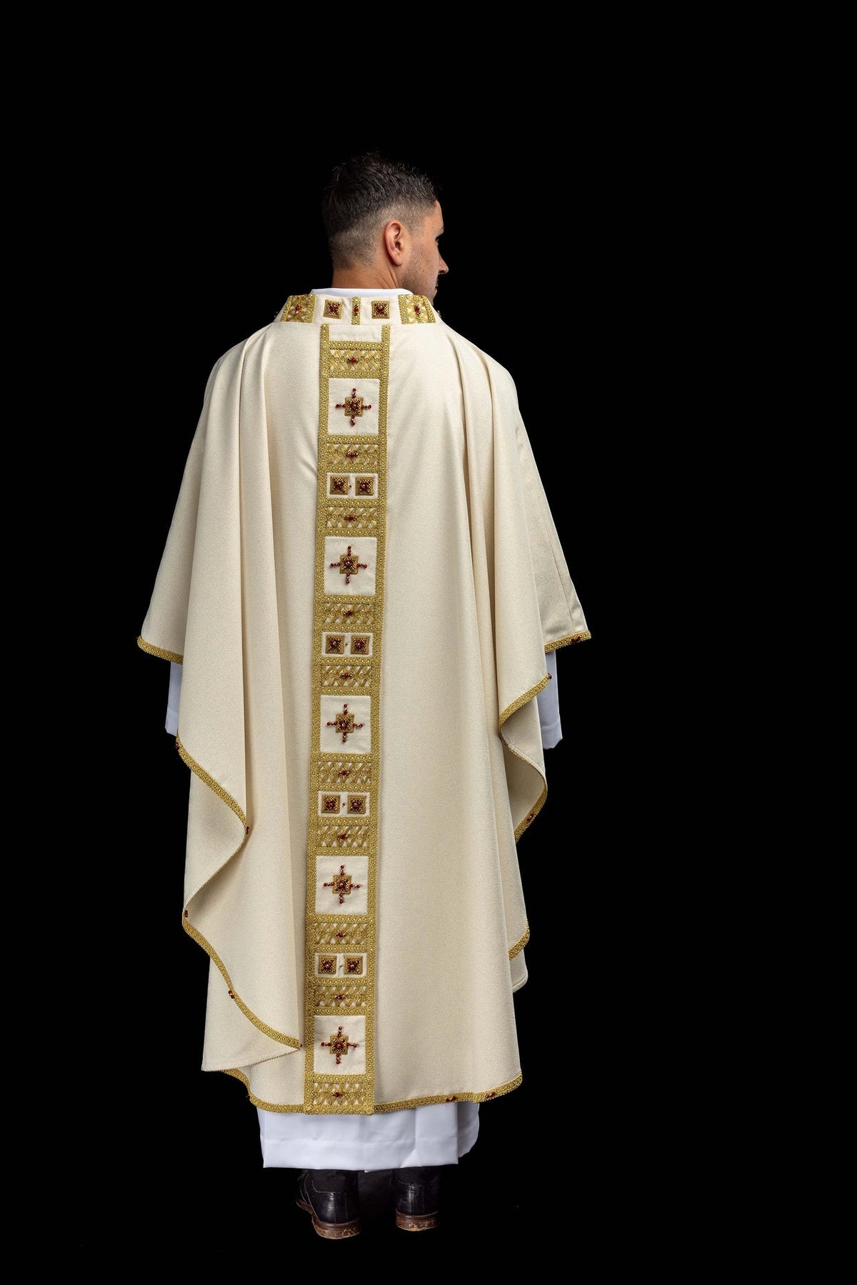 Handcrafted chasuble with natural stones, back view in ivory with gold central panel