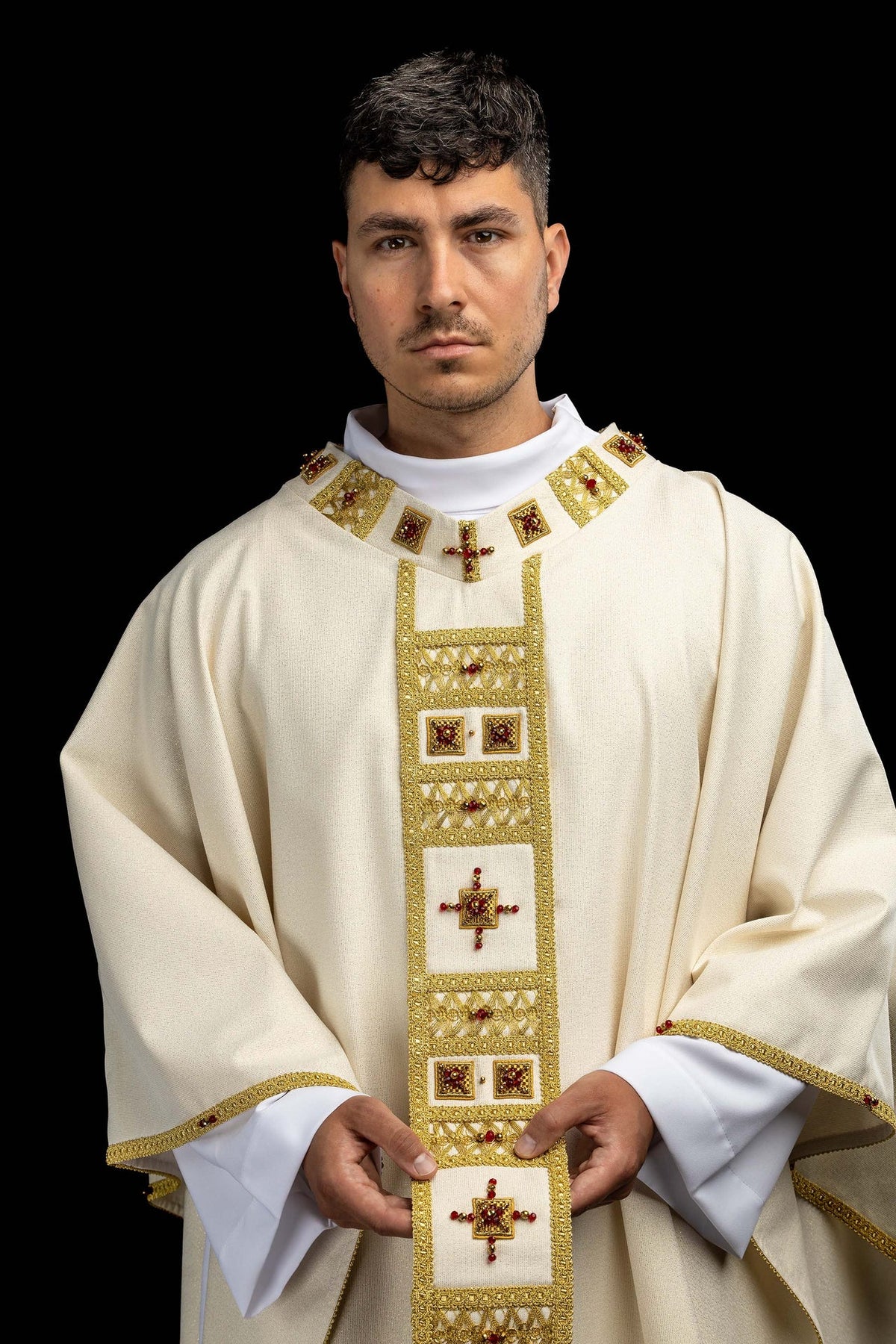 Handcrafted chasuble with natural stones, front view with jeweled gold panel