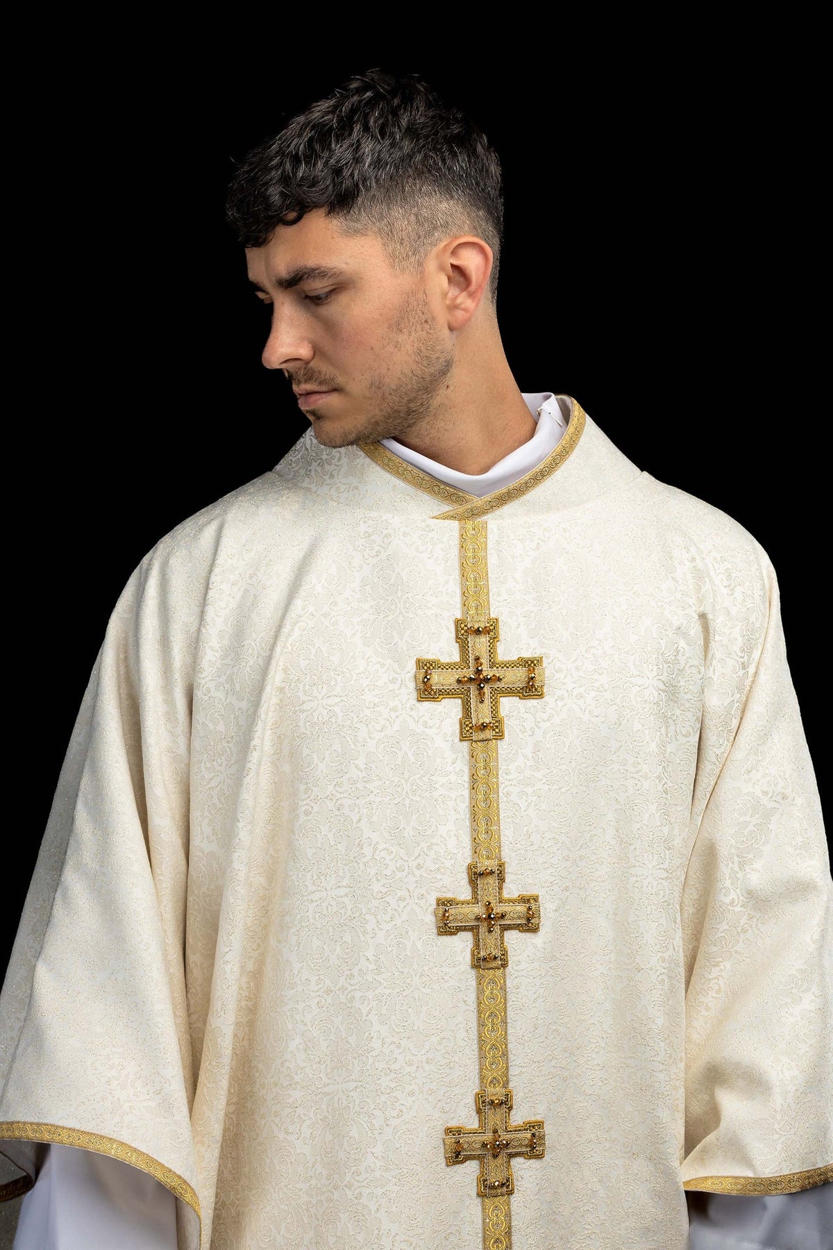 Handcrafted Chasuble with Natural Stones, Handmade 7007 in ivory with gold trim and cross details