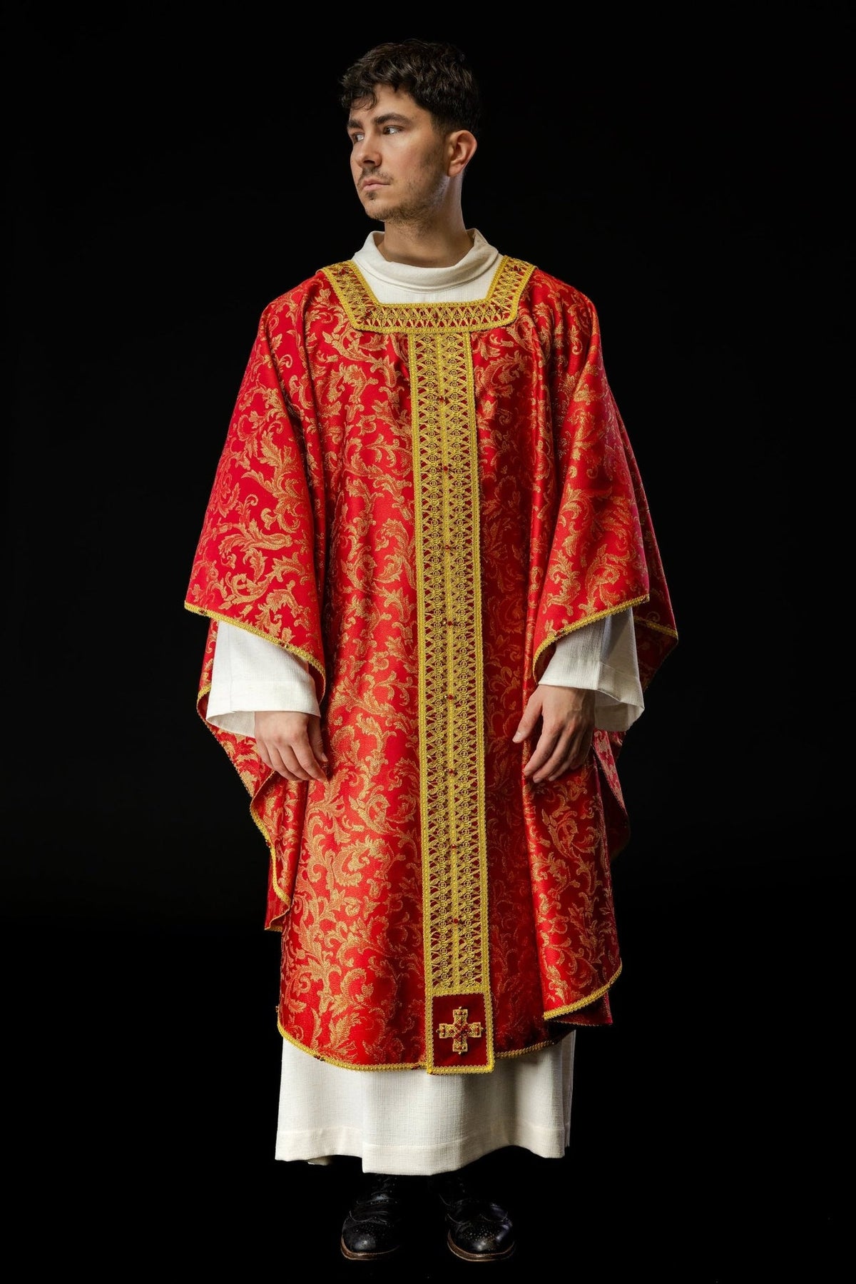Red and gold chasuble front view with embroidered orphrey and cross