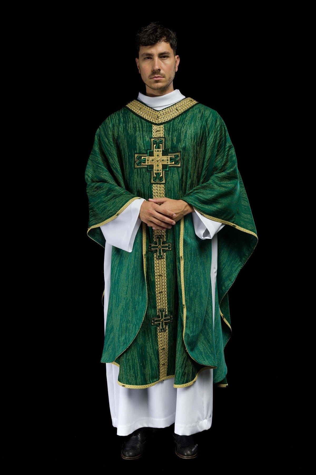 Handcrafted Green Chasuble, front view with gold cross embroidery