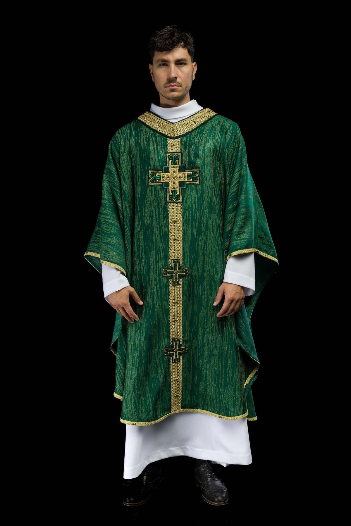 Green chasuble, full front view with gold trim and cross embroidery