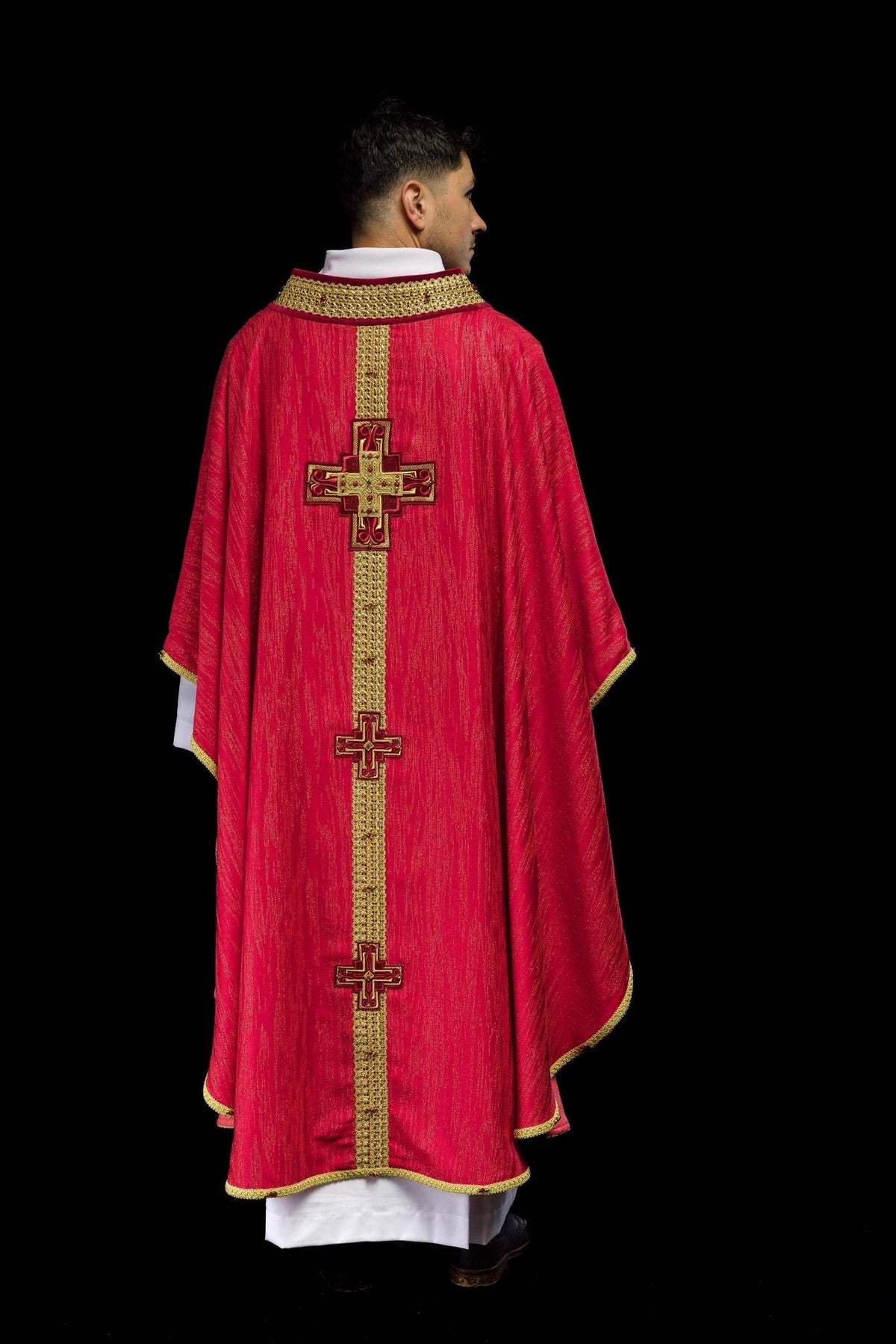 Red chasuble full back view with gold cross embroidery and vertical gold trim