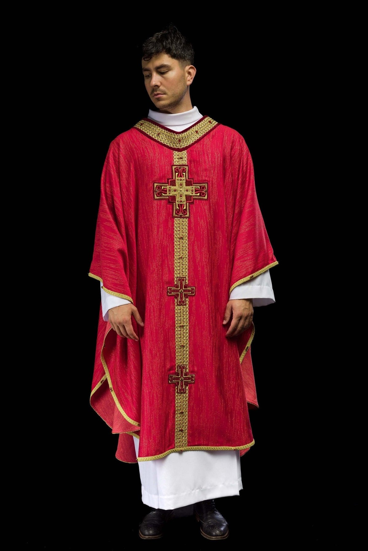Red chasuble full front view with gold cross embroidery and trim