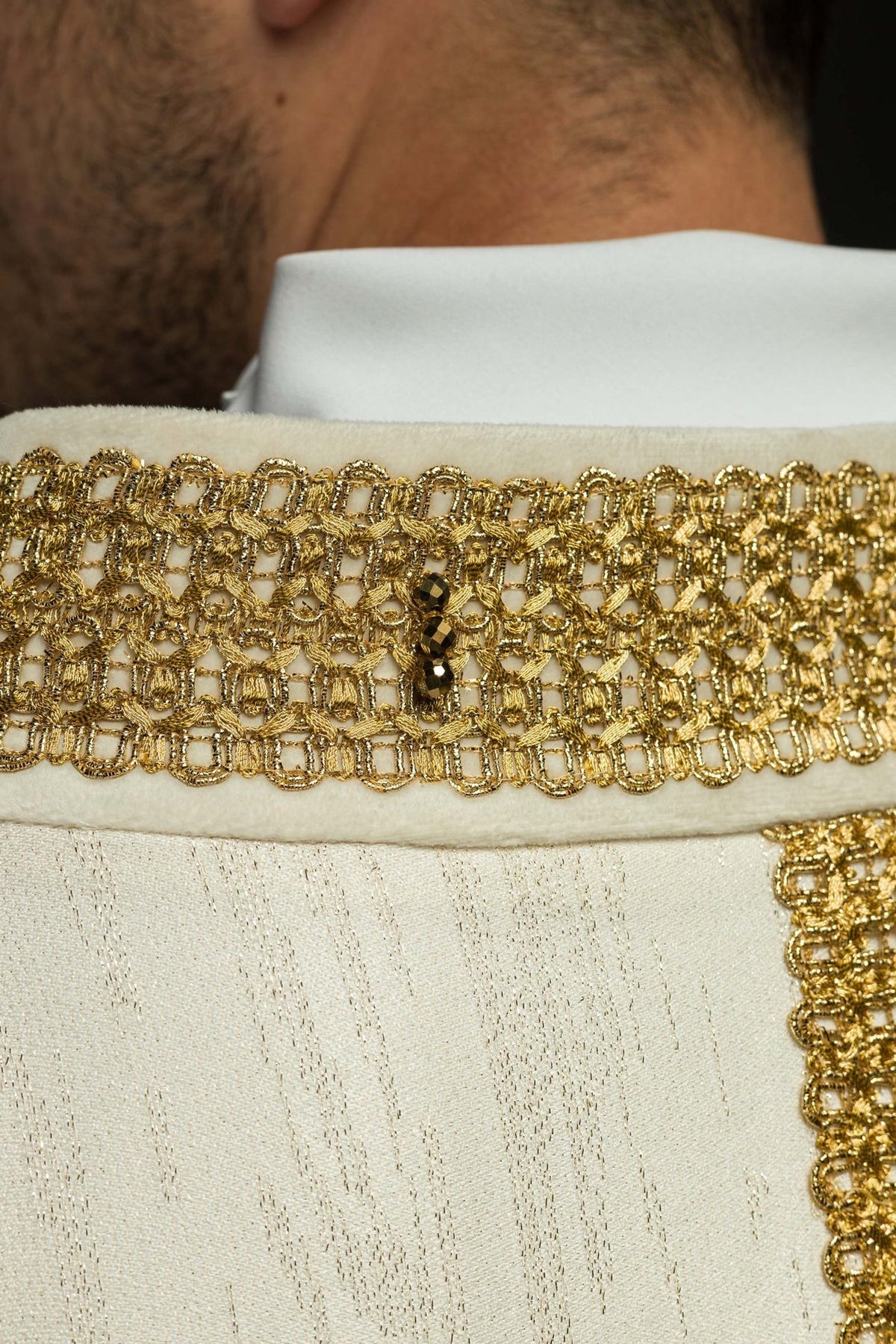 Handcrafted Chasuble with Natural Stones in ecru, close-up of gold embroidery and natural stones