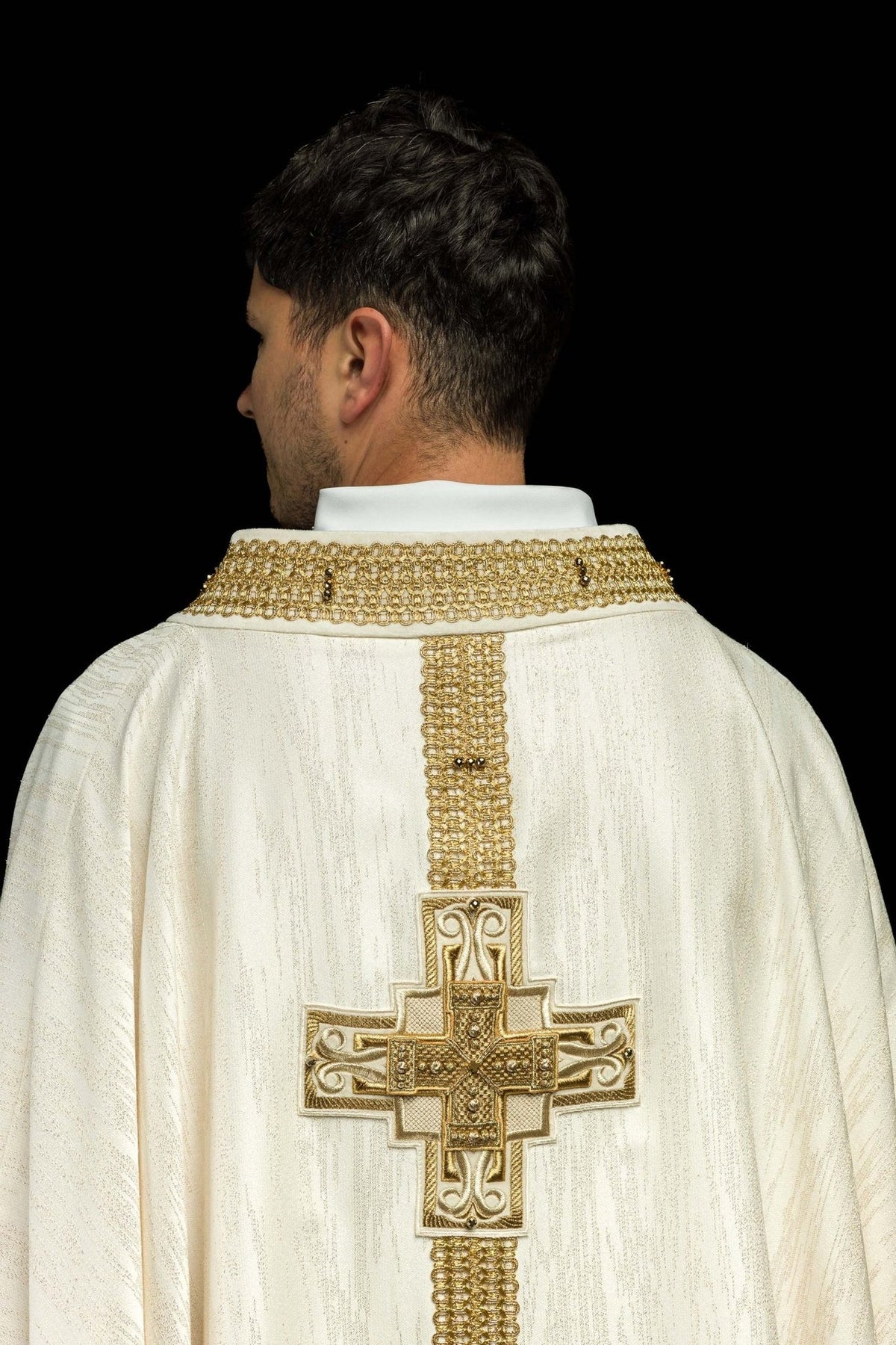 Handcrafted Chasuble with Natural Stones in ecru, back view with gold cross embroidery