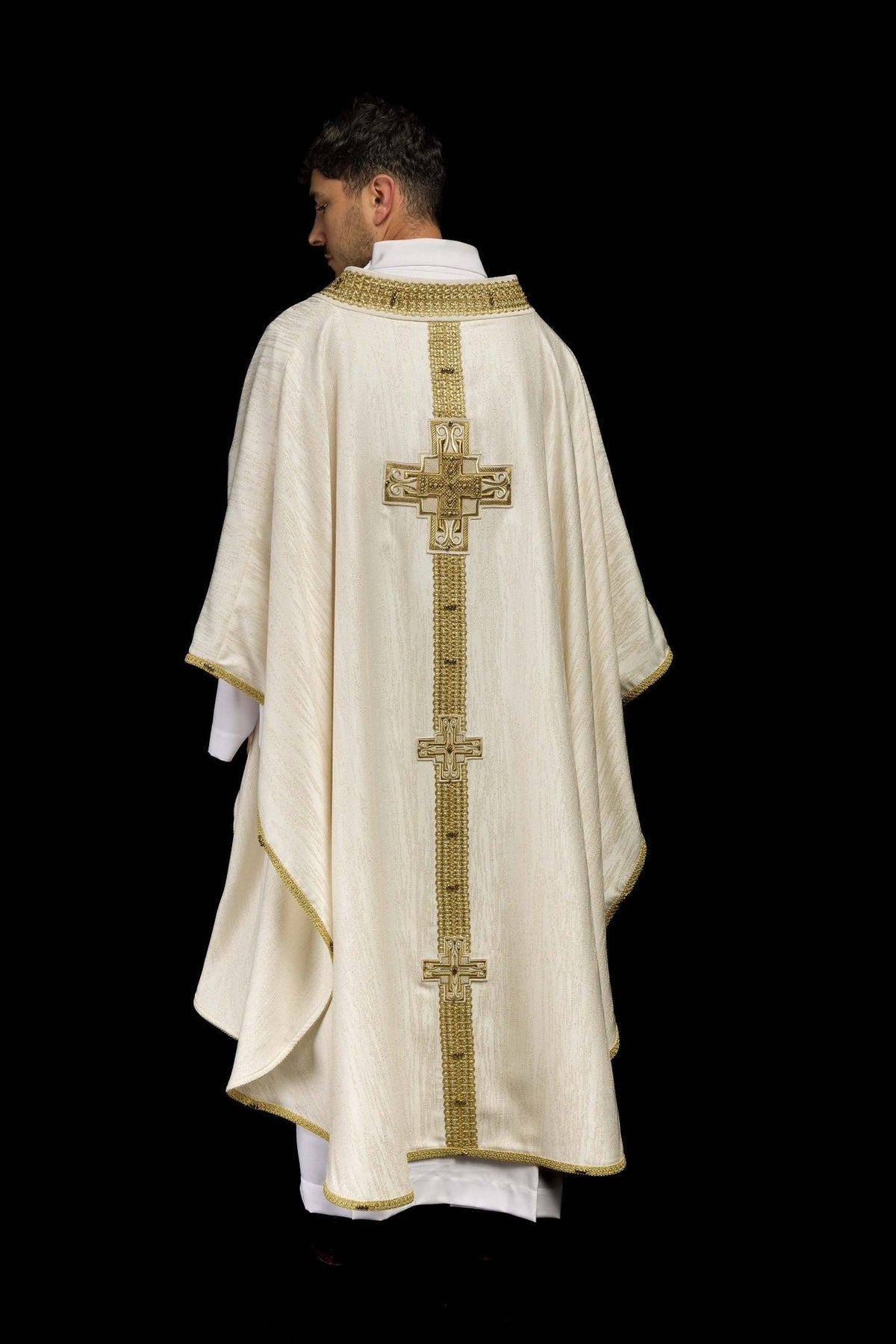 Handcrafted Chasuble with Natural Stones in ecru, full back view with gold cross embroidery