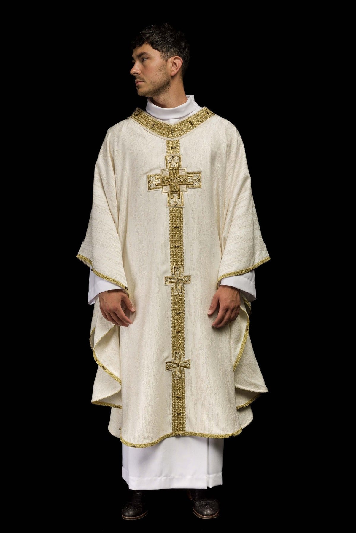 Ecru handcrafted chasuble full front view with gold cross embroidery