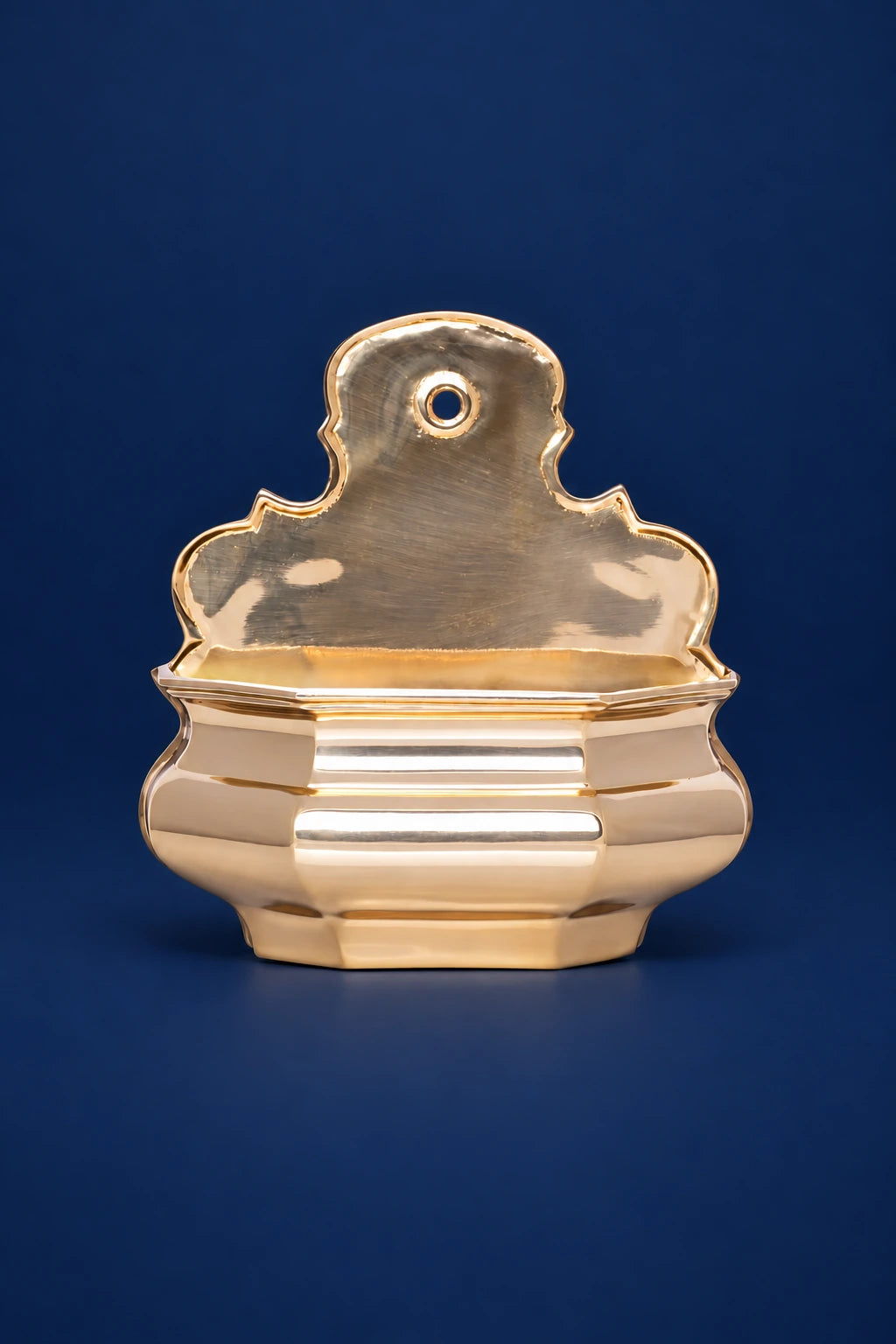 Brass Holy Water Font, 7 in (18 cm) High and 6.75 in (17 cm) Wide, front view