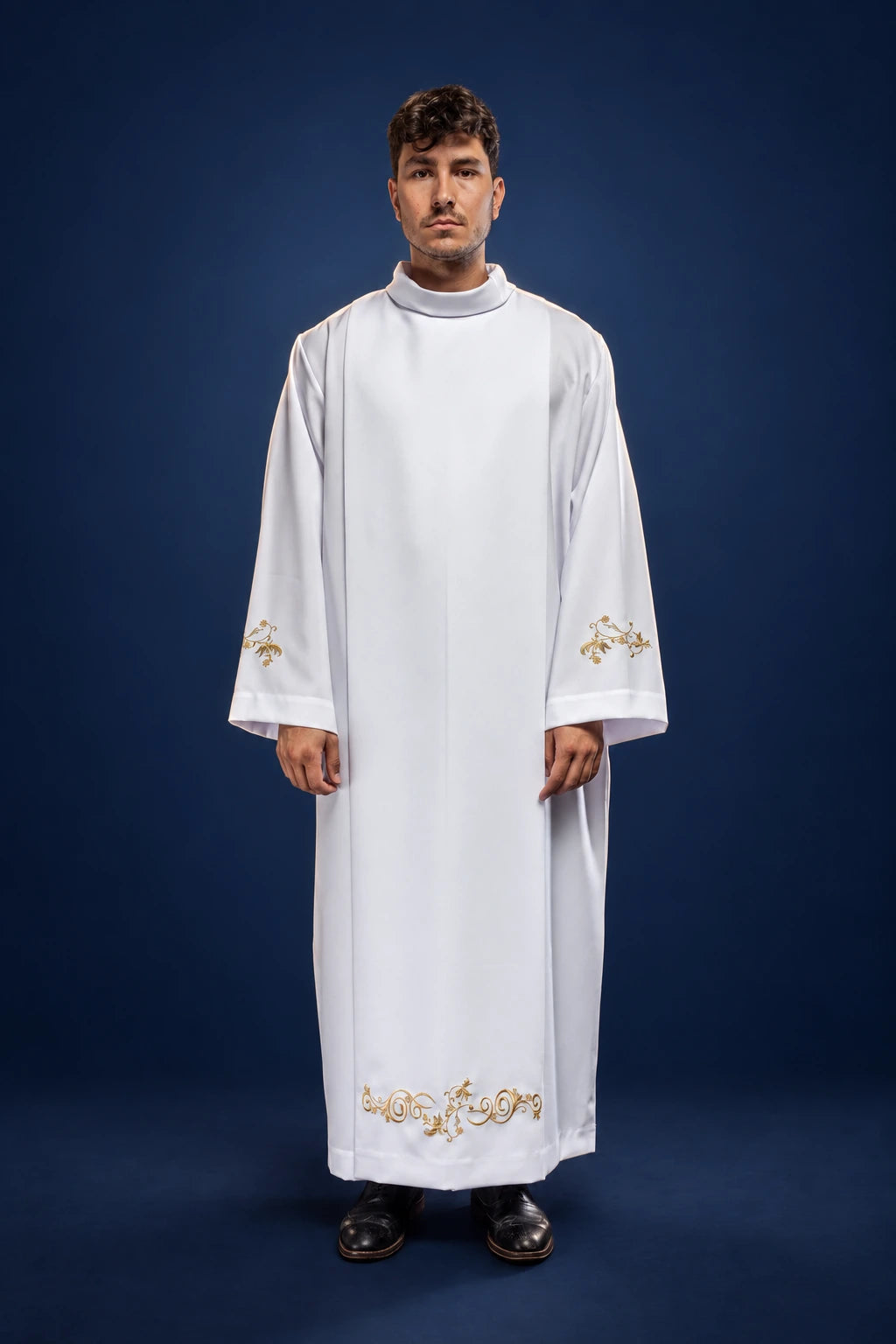White Priest Alb with Stand-Up Collar and Decorative Embroidery, front view with gold embroidery