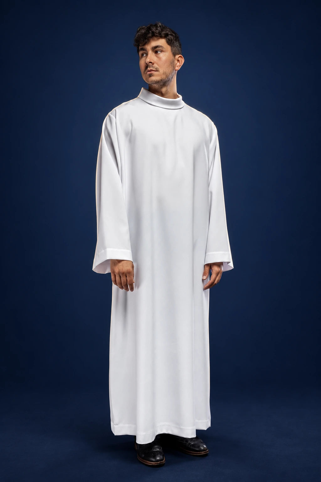 Plain White Priest Alb, full front view in white with long sleeves and stand collar