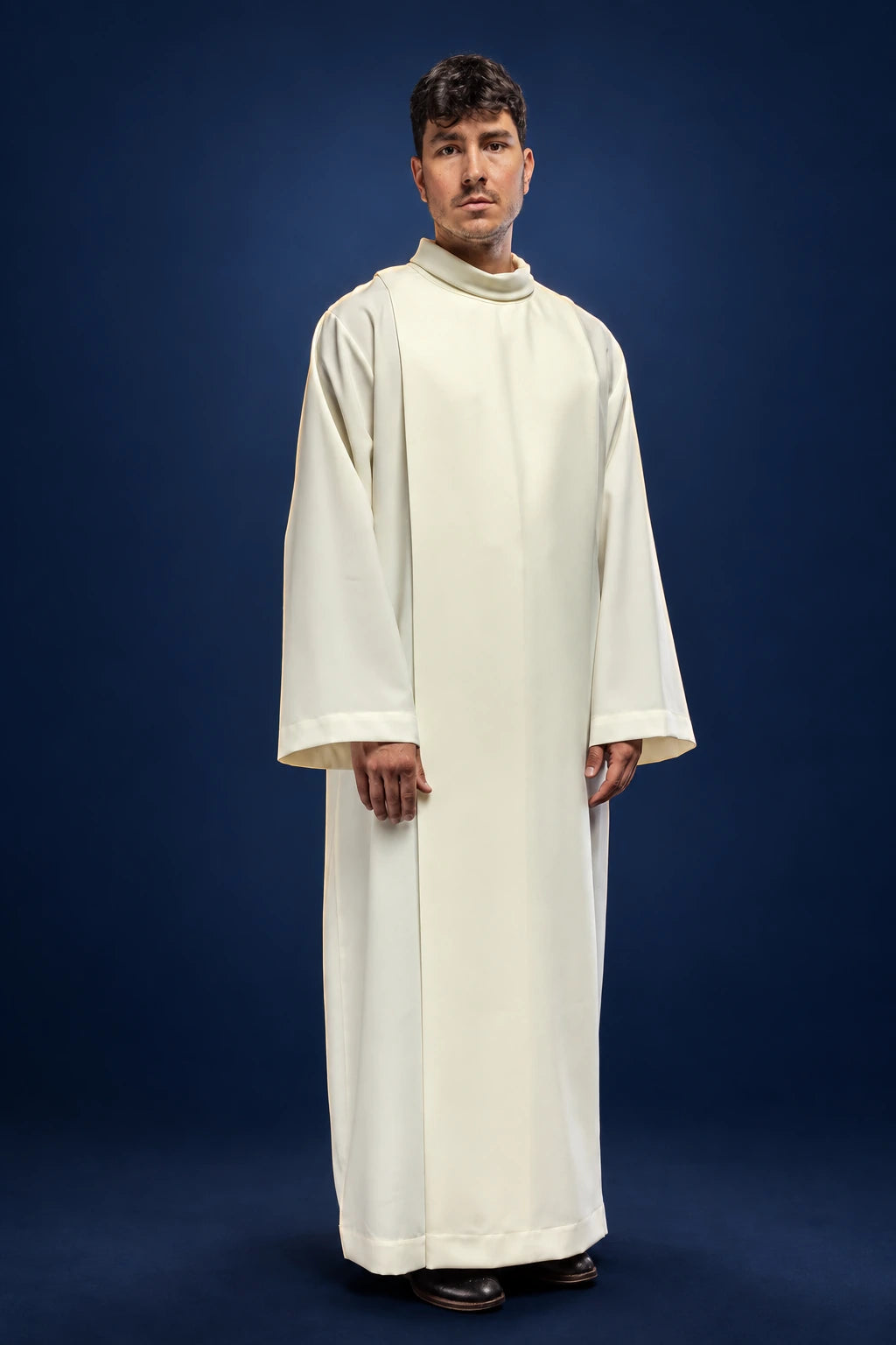 Priest Alb with Stand-Up Collar, Ecru, full front view with wide sleeves and hem trim