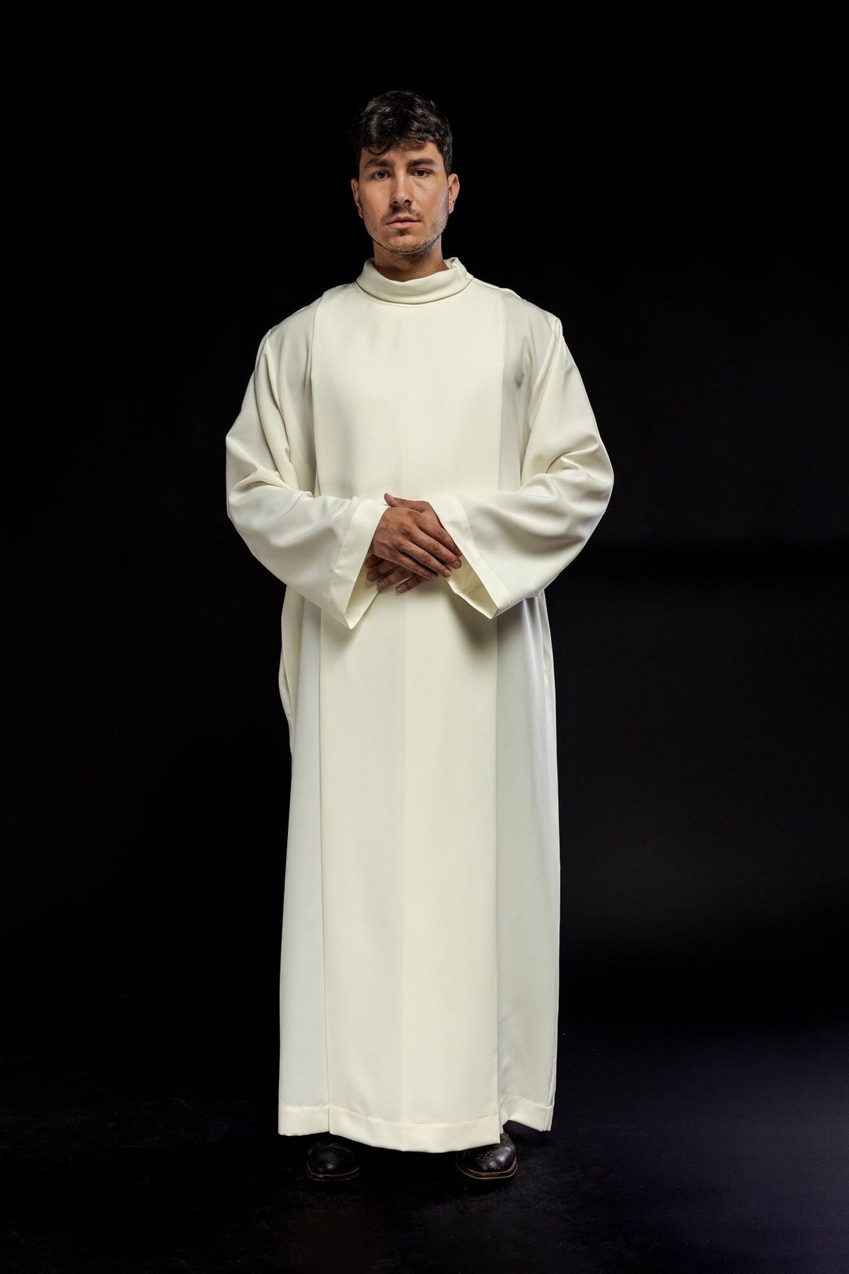 Ecru priest alb, front view with stand-up collar and wide sleeves