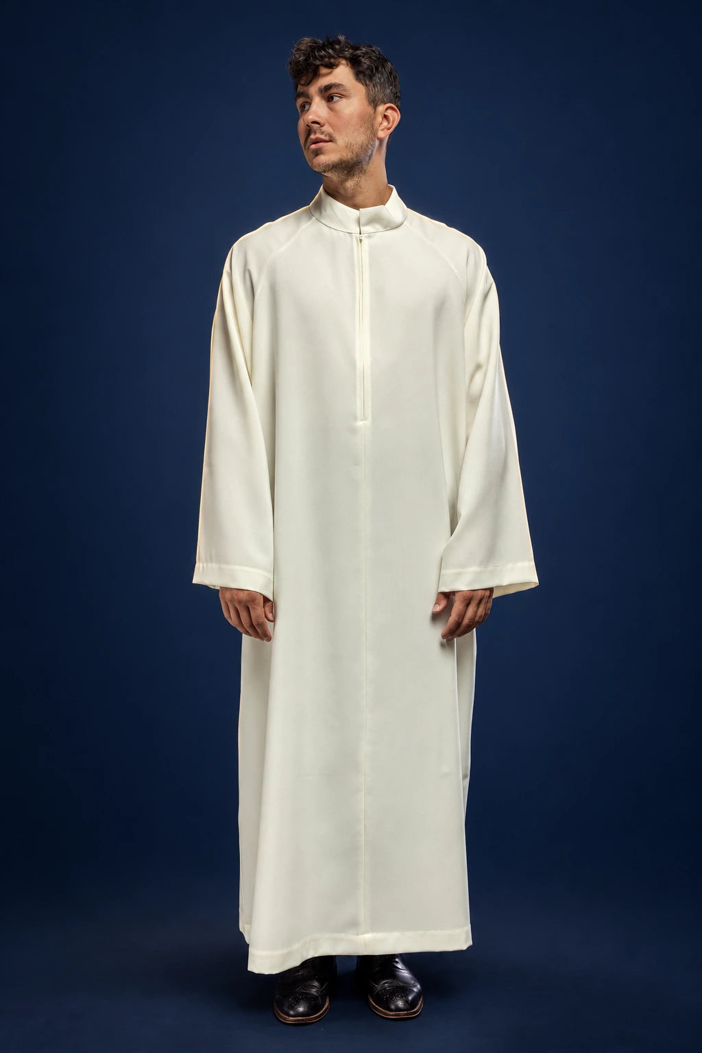 Priest Alb with Front Zipper, Ecru, full front view with stand collar and long sleeves