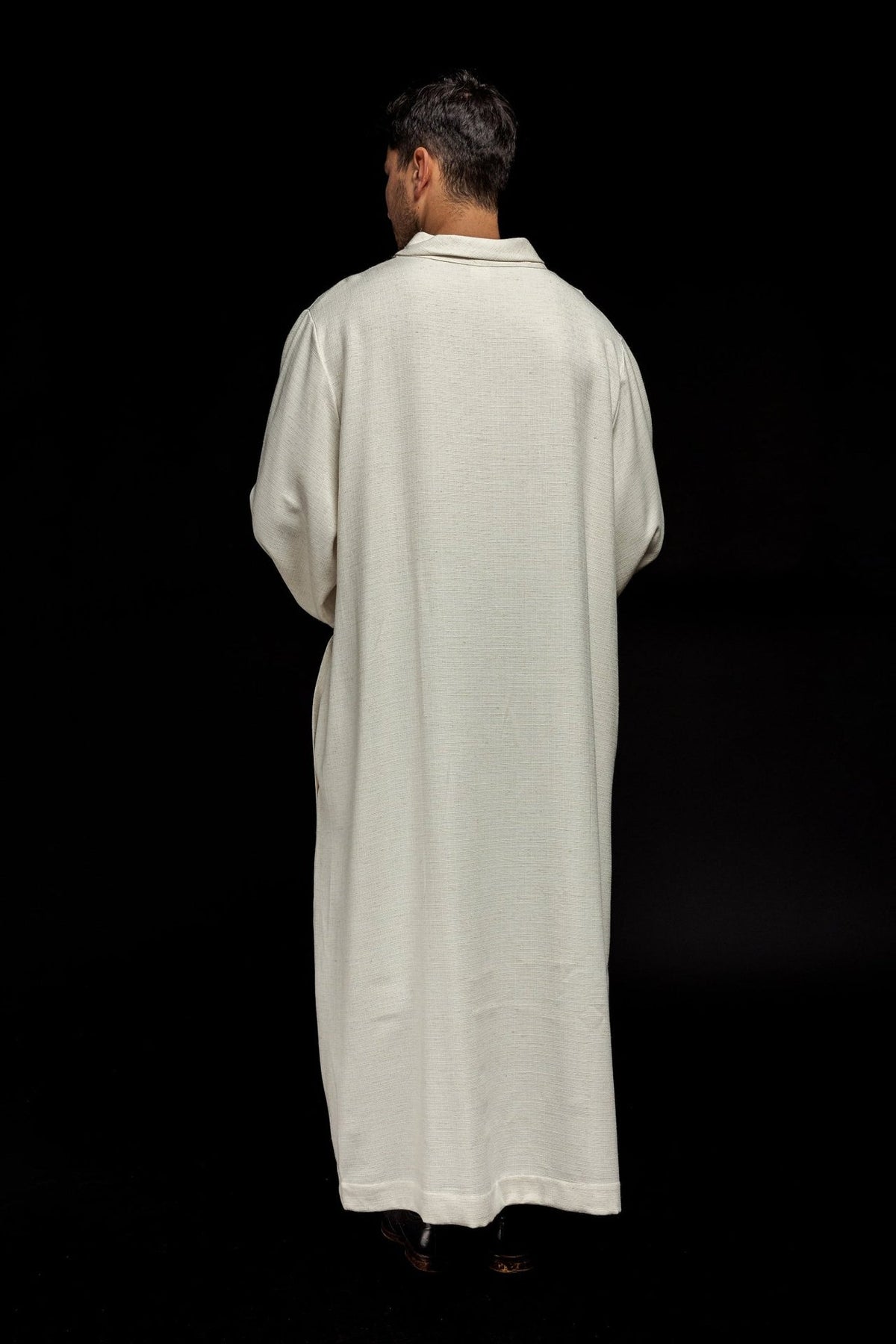 Linen priest alb in ecru, full back view with rolled collar and straight hem