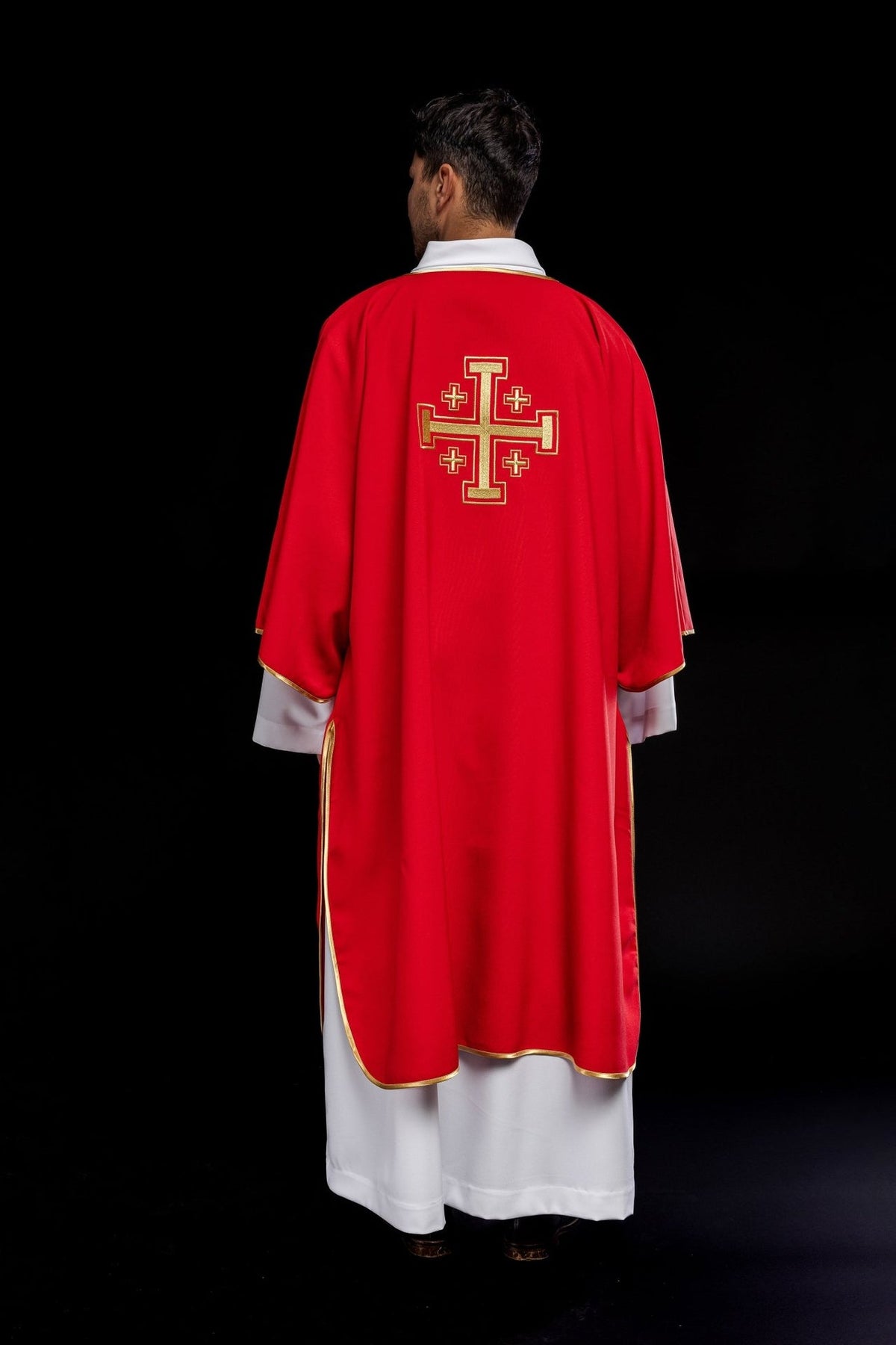 Red dalmatic back view with embroidered gold cross