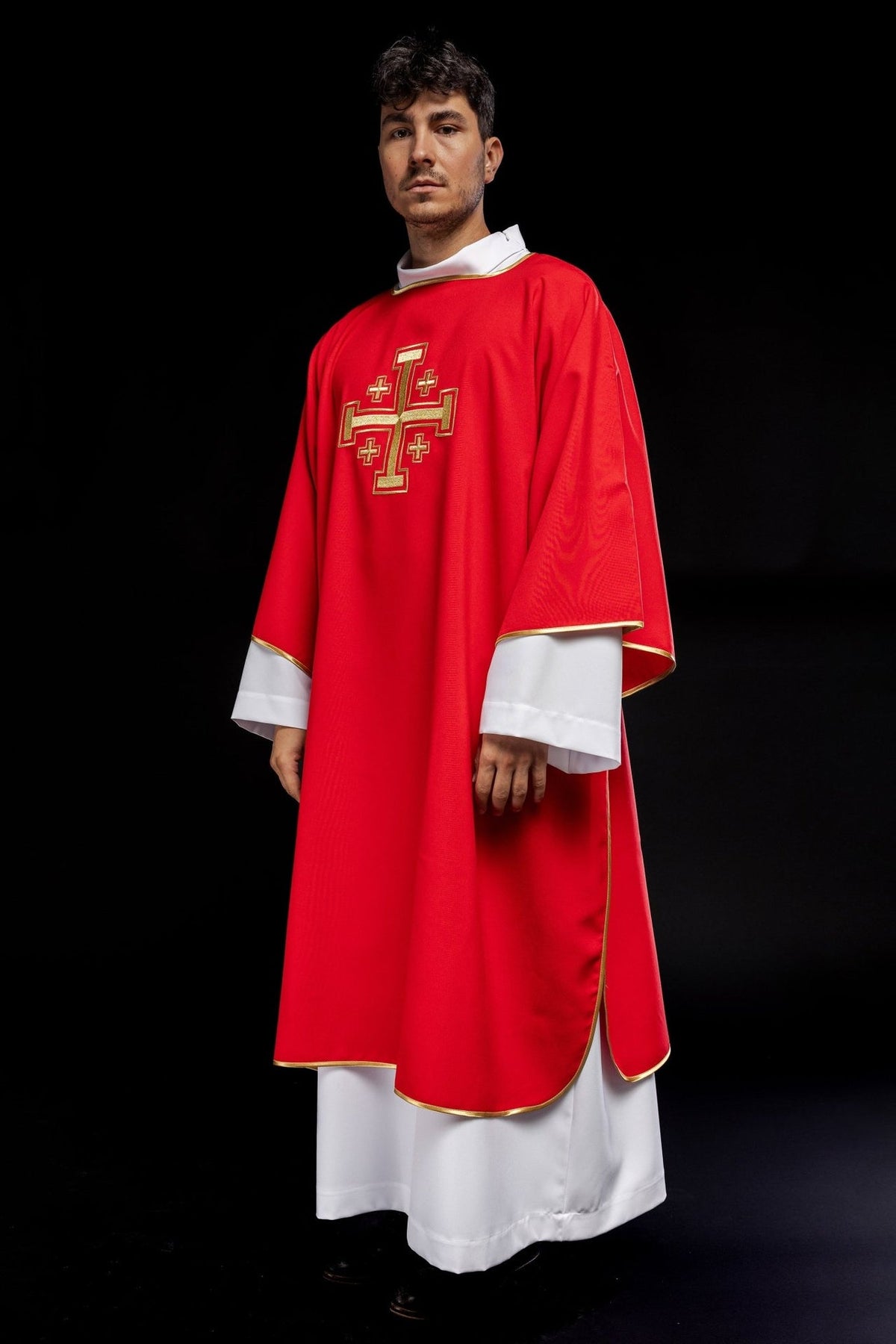 Red dalmatic side view with gold trim and embroidered cross