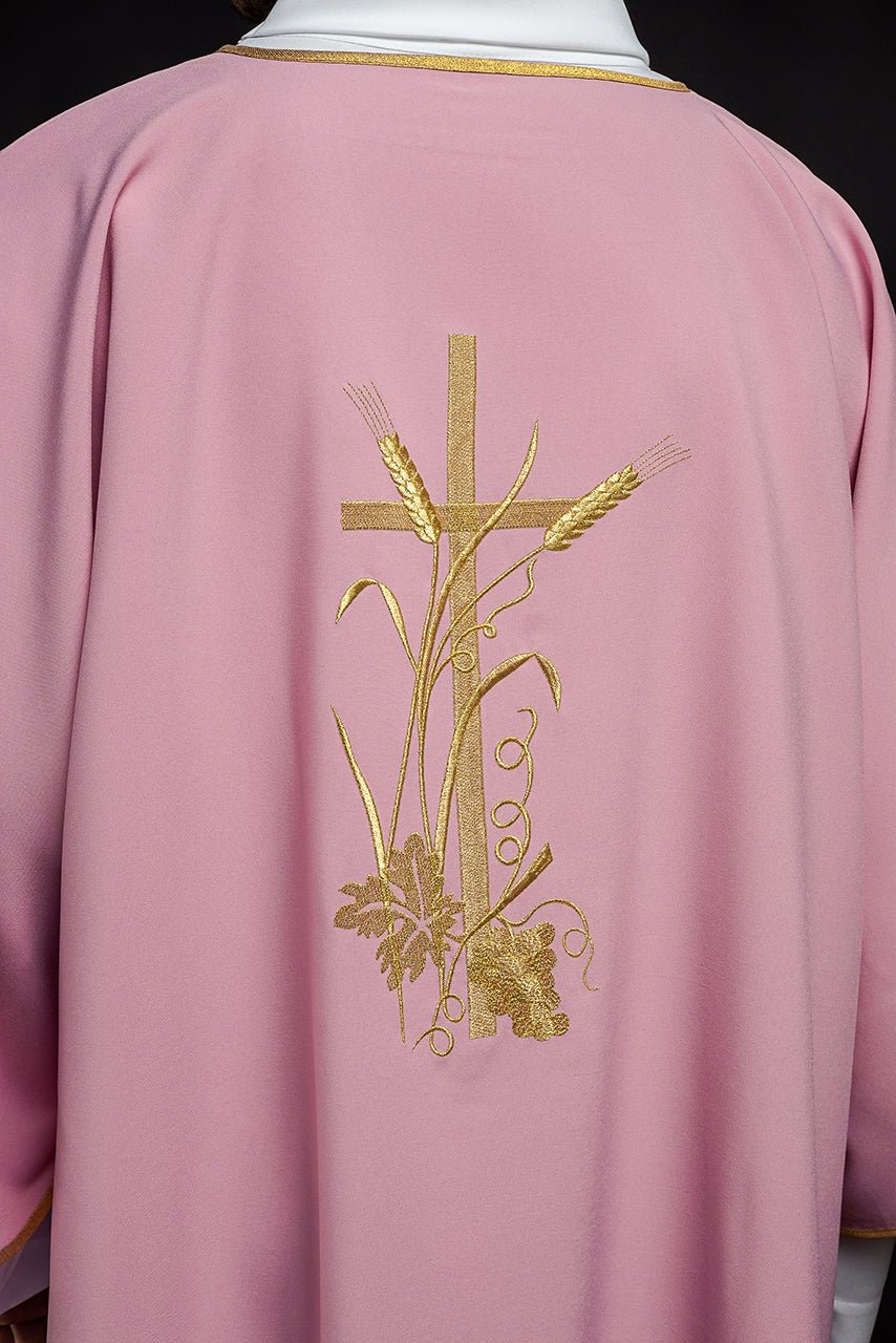 Rose dalmatic back view with gold cross and wheat embroidery