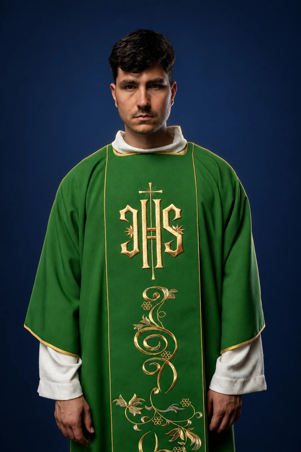 Green Dalmatic with Gold Embroidered Orphrey Featuring IHS, front view with floral embroidery