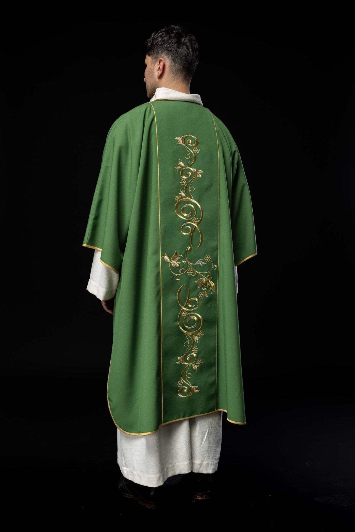 Green dalmatic, full back view with gold floral orphrey embroidery