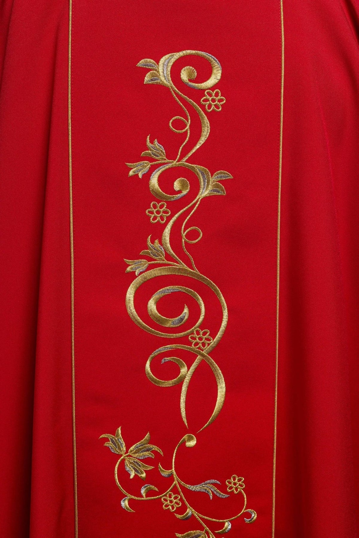 Red dalmatic full front view with gold IHS and floral embroidery