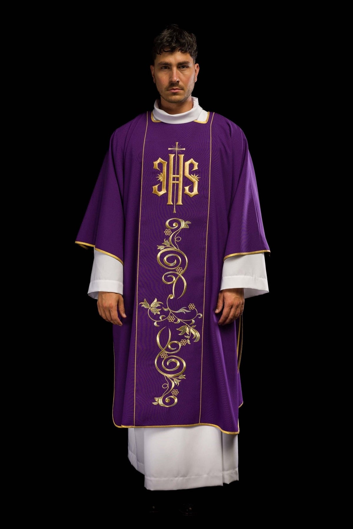Purple dalmatic front view with gold IHS embroidery and floral orphrey