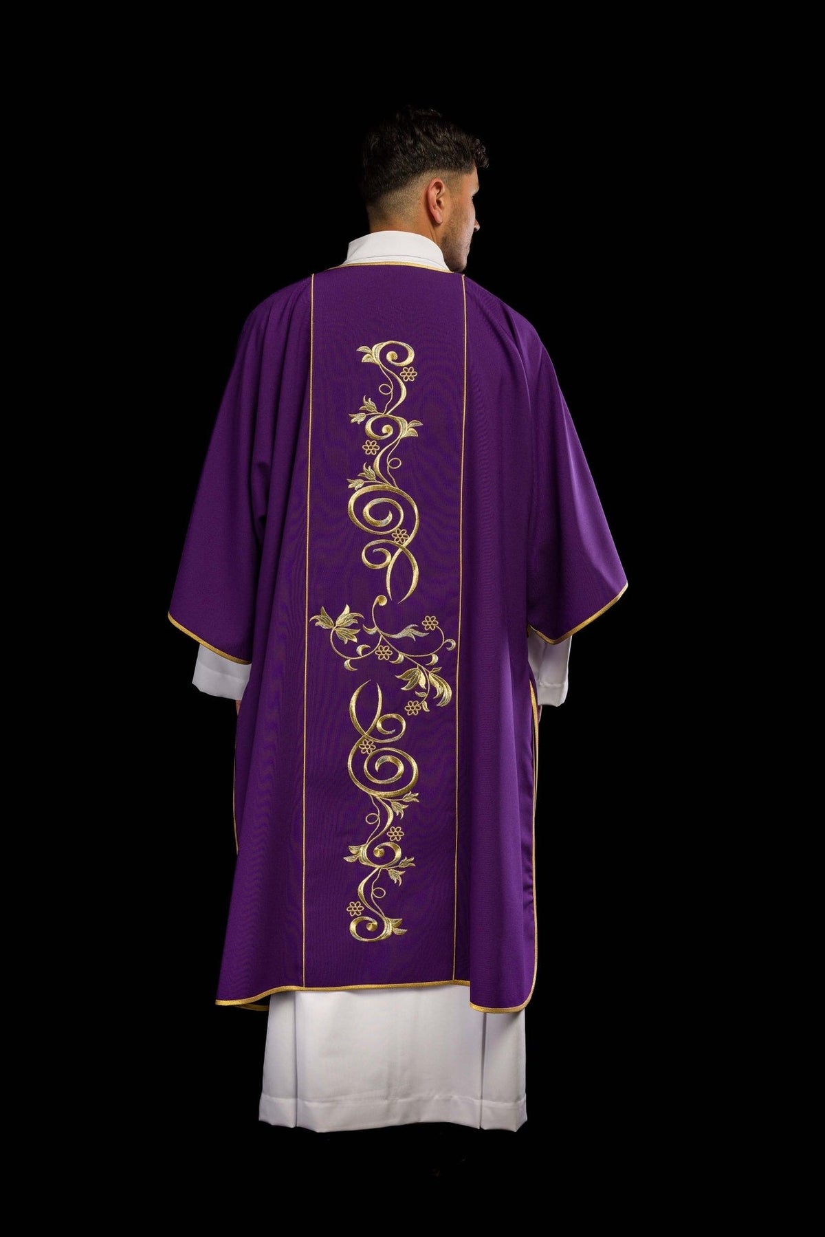 Purple dalmatic back view with embroidered gold floral orphrey