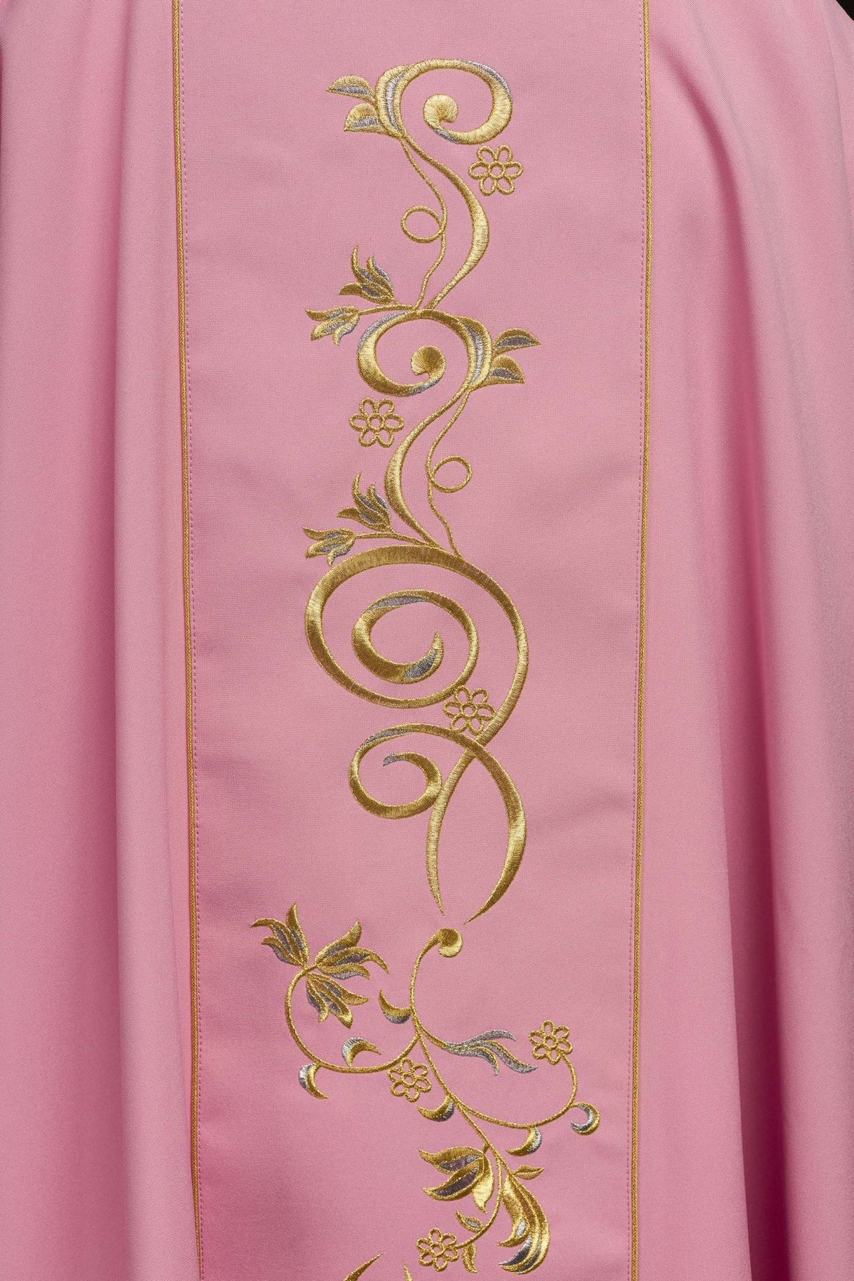 Rose dalmatic close-up of gold floral embroidery on the front orphrey