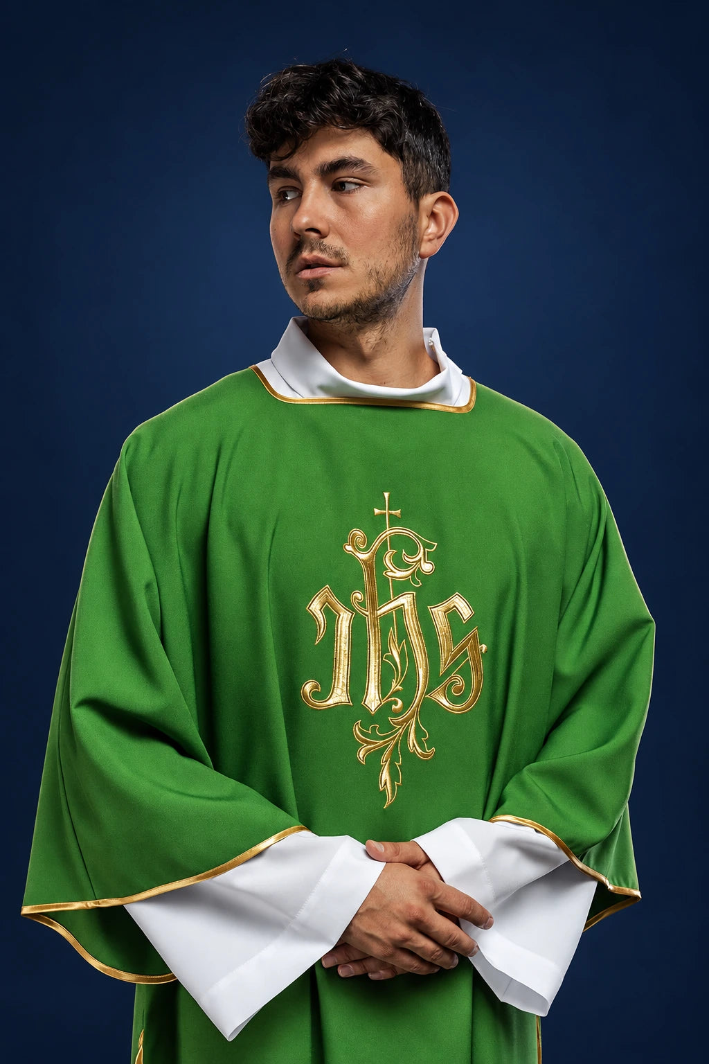 Green Embroidered Dalmatic with IHS, front view with gold embroidery and trim