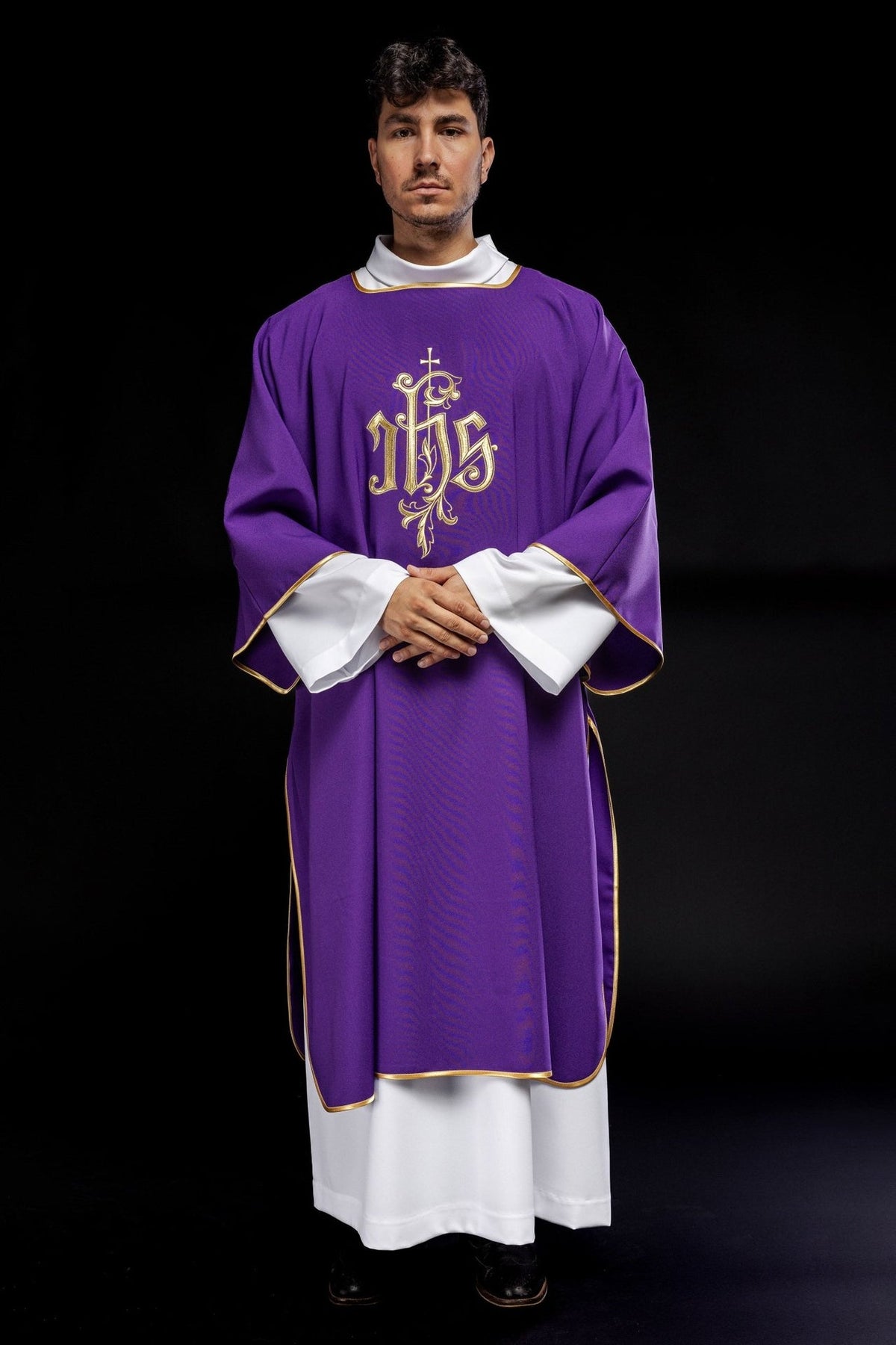 Purple dalmatic, full front view with gold IHS embroidery and gold trim