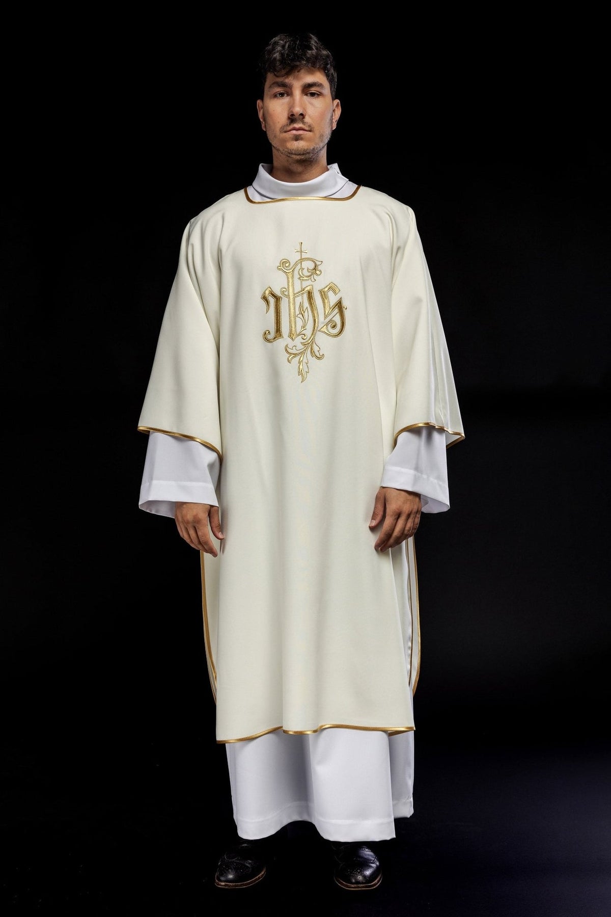 Ecru dalmatic, full front view with gold IHS embroidery and trim