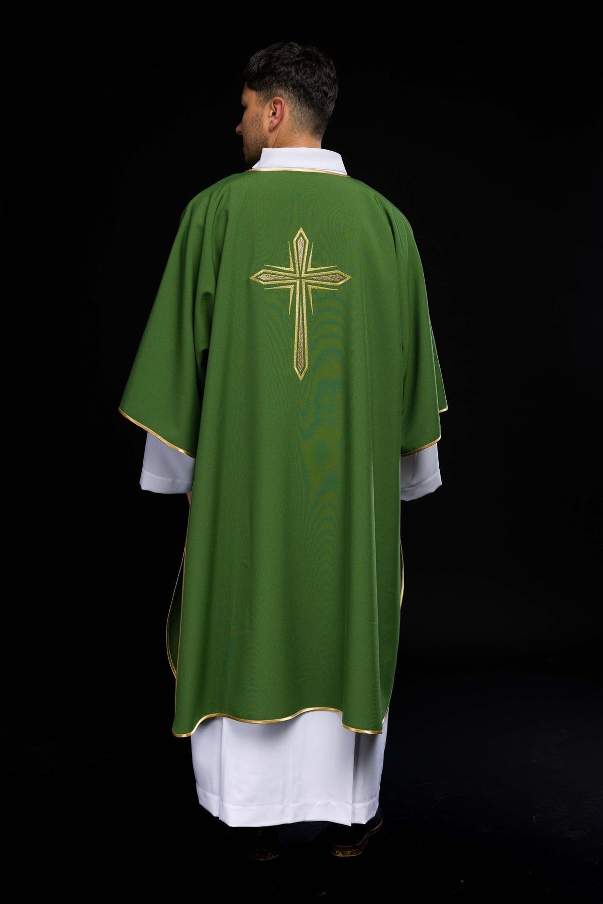 Green dalmatic full back view with gold trim
