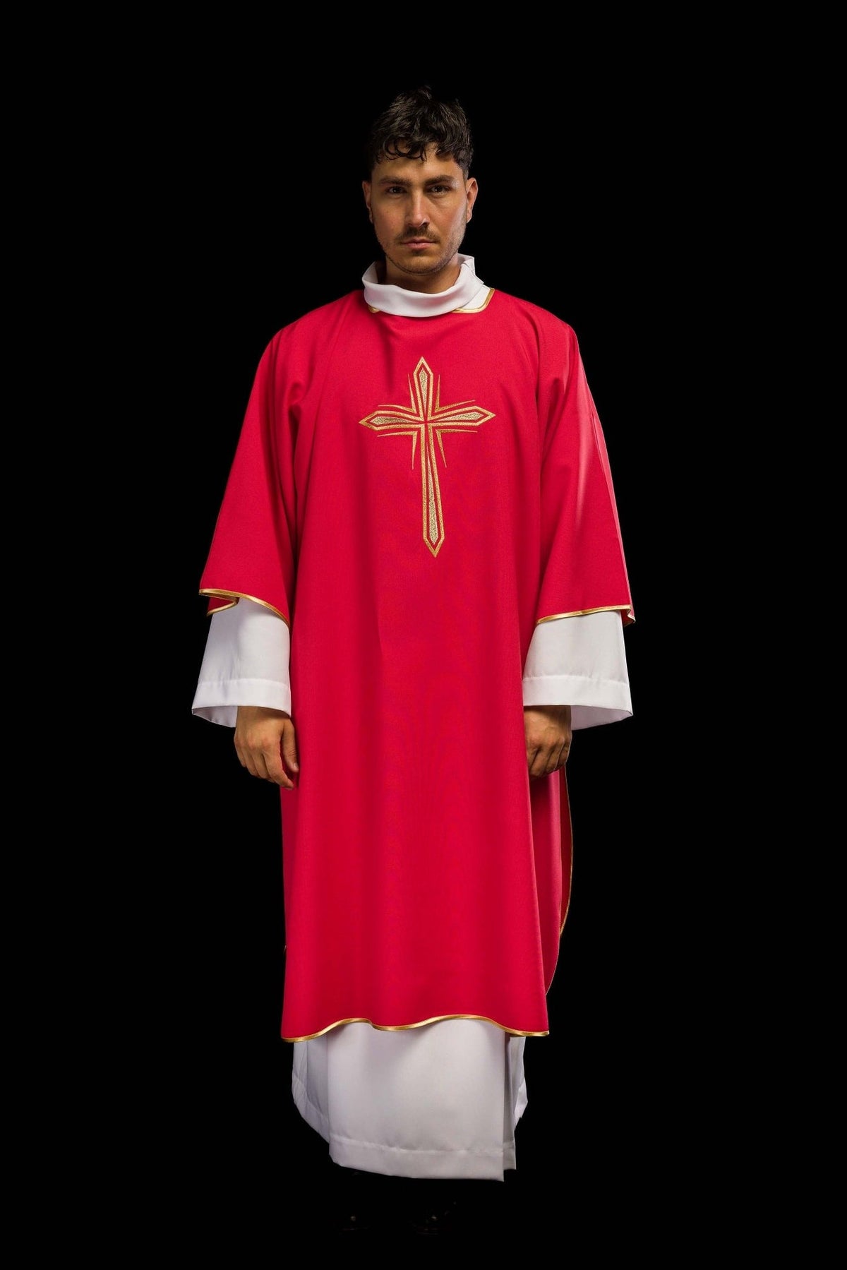 Red dalmatic front view with embroidered gold cross and gold trim